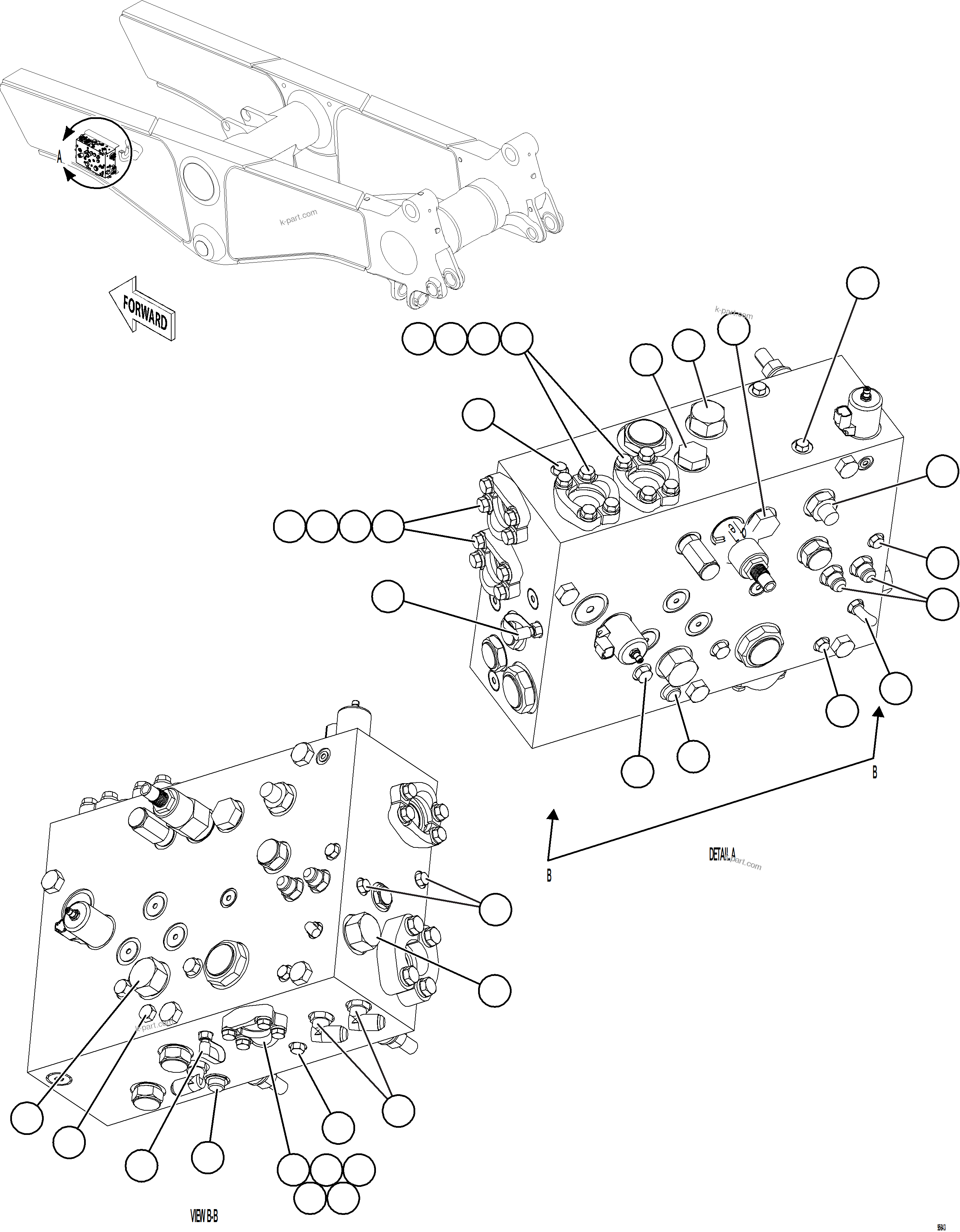 Komatsu parts book diagram for AFE75-BK 980E-5 S/N A50255 - A50256,A50257,A50260 - A50269,A50271 - A50273  KNA: STEERING BLEEDDOWN MANIFOLD PIPING    1/3