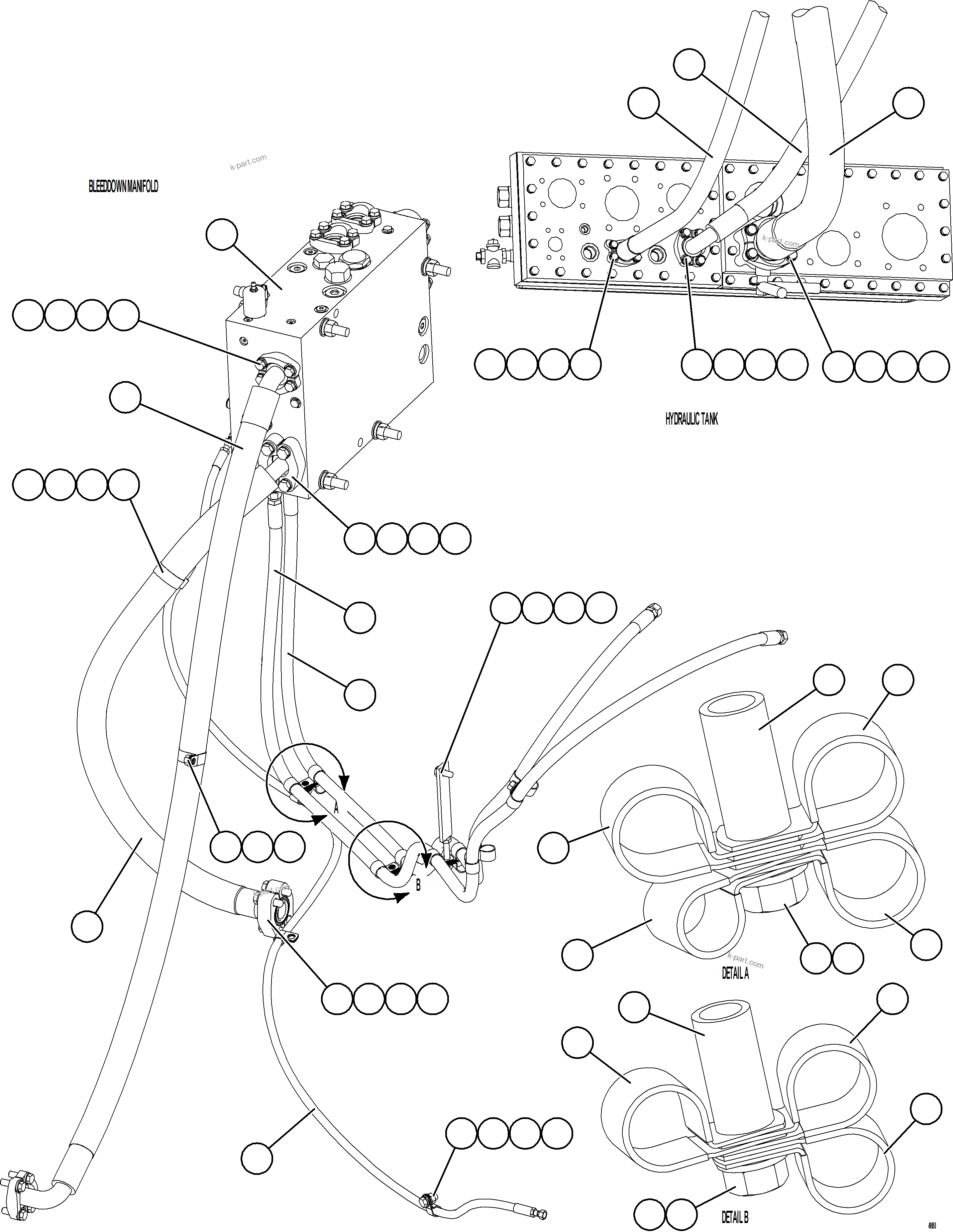 Komatsu parts book diagram for AFE75-BK 980E-5 S/N A50255 - A50256,A50257,A50260 - A50269,A50271 - A50273  KNA: STEERING BLEEDDOWN MANIFOLD PIPING    3/3