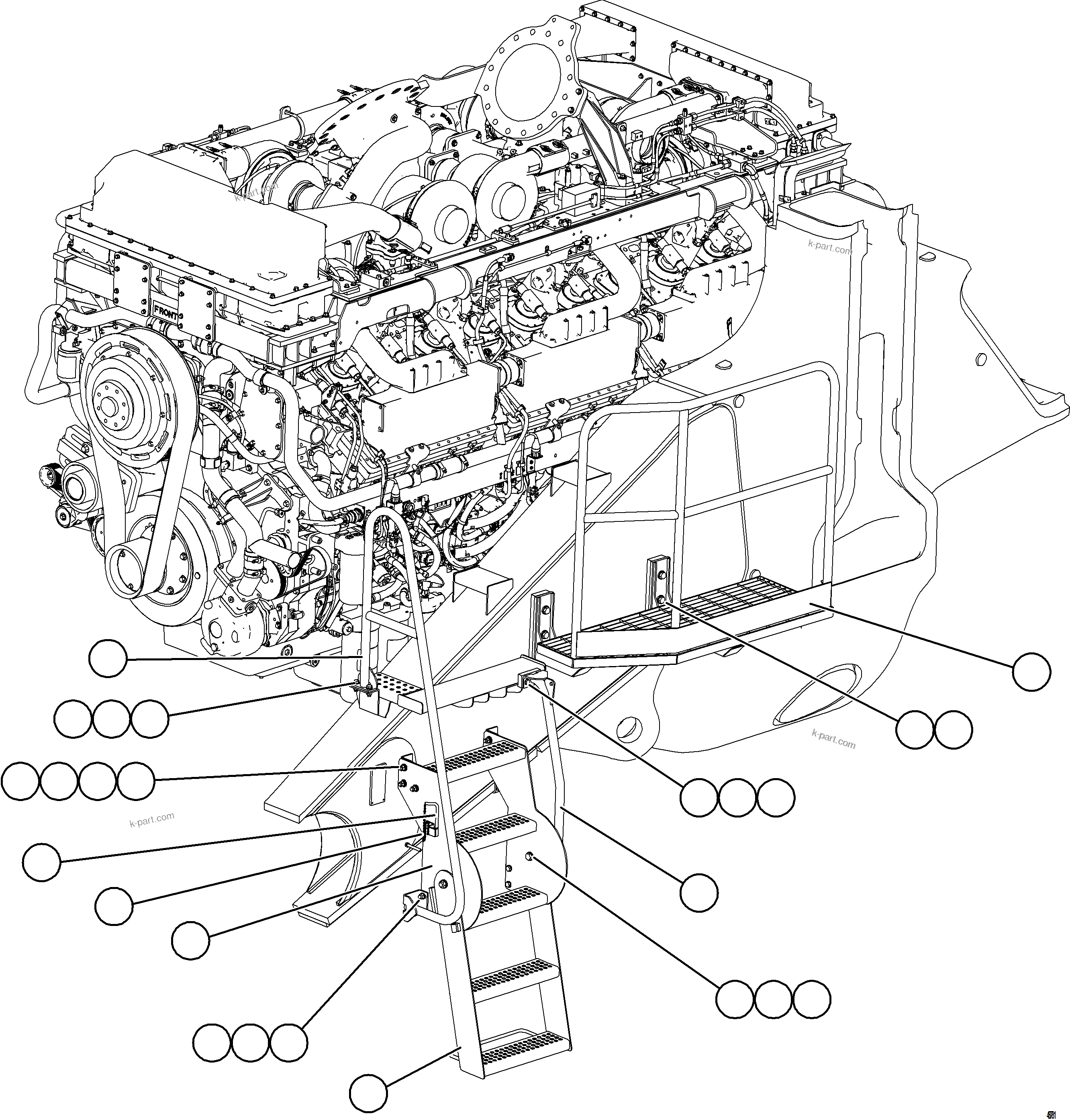 Komatsu parts book diagram for AFE75-BK 980E-5 S/N A50255 - A50256,A50257,A50260 - A50269,A50271 - A50273  KNA: LH ENGINE ACCESS LADDER & HANDRAILS