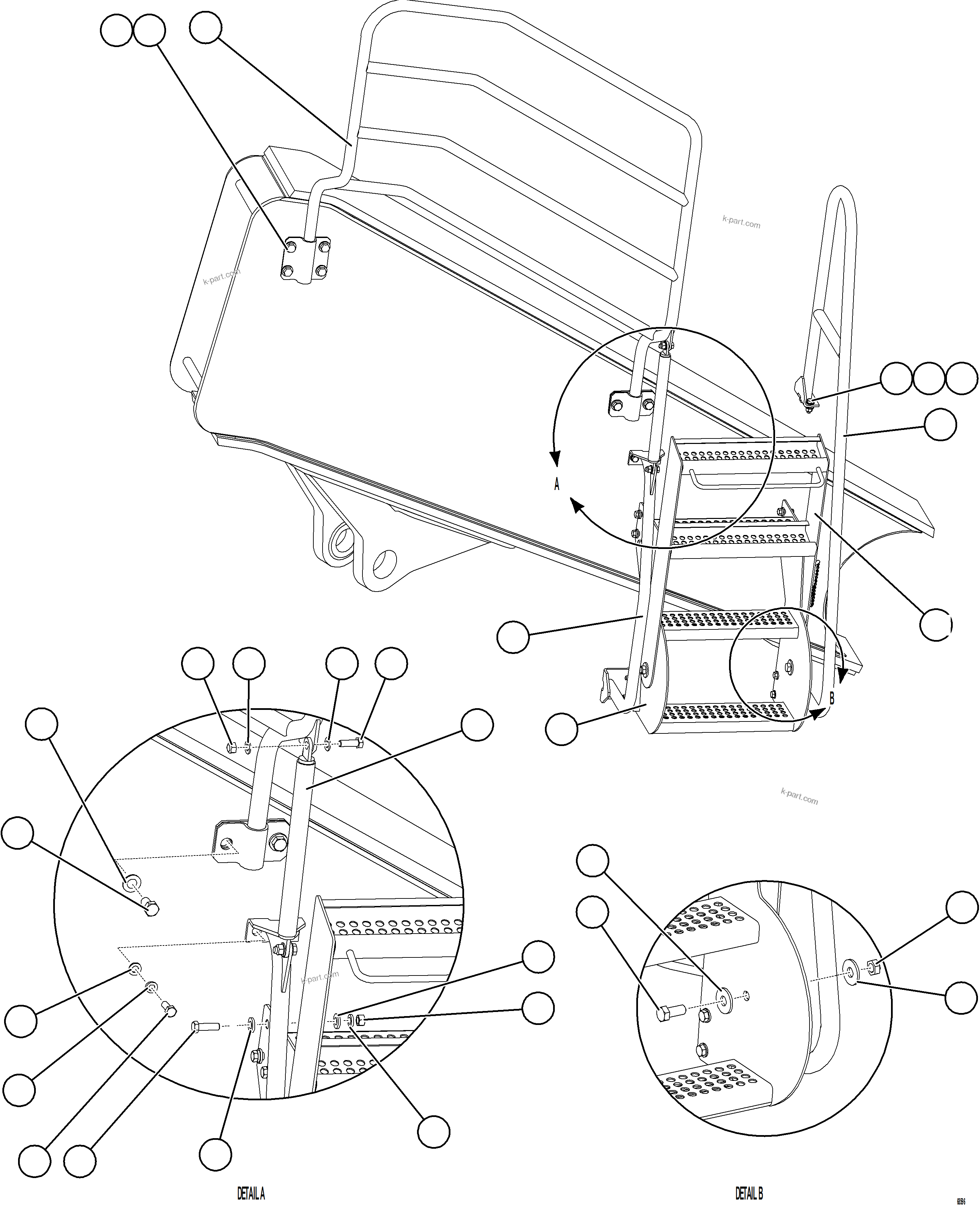 Komatsu parts book diagram for AFE75-BK 980E-5 S/N A50255 - A50256,A50257,A50260 - A50269,A50271 - A50273  KNA: RH ENGINE ACCESS LADDER & HANDRAILS
