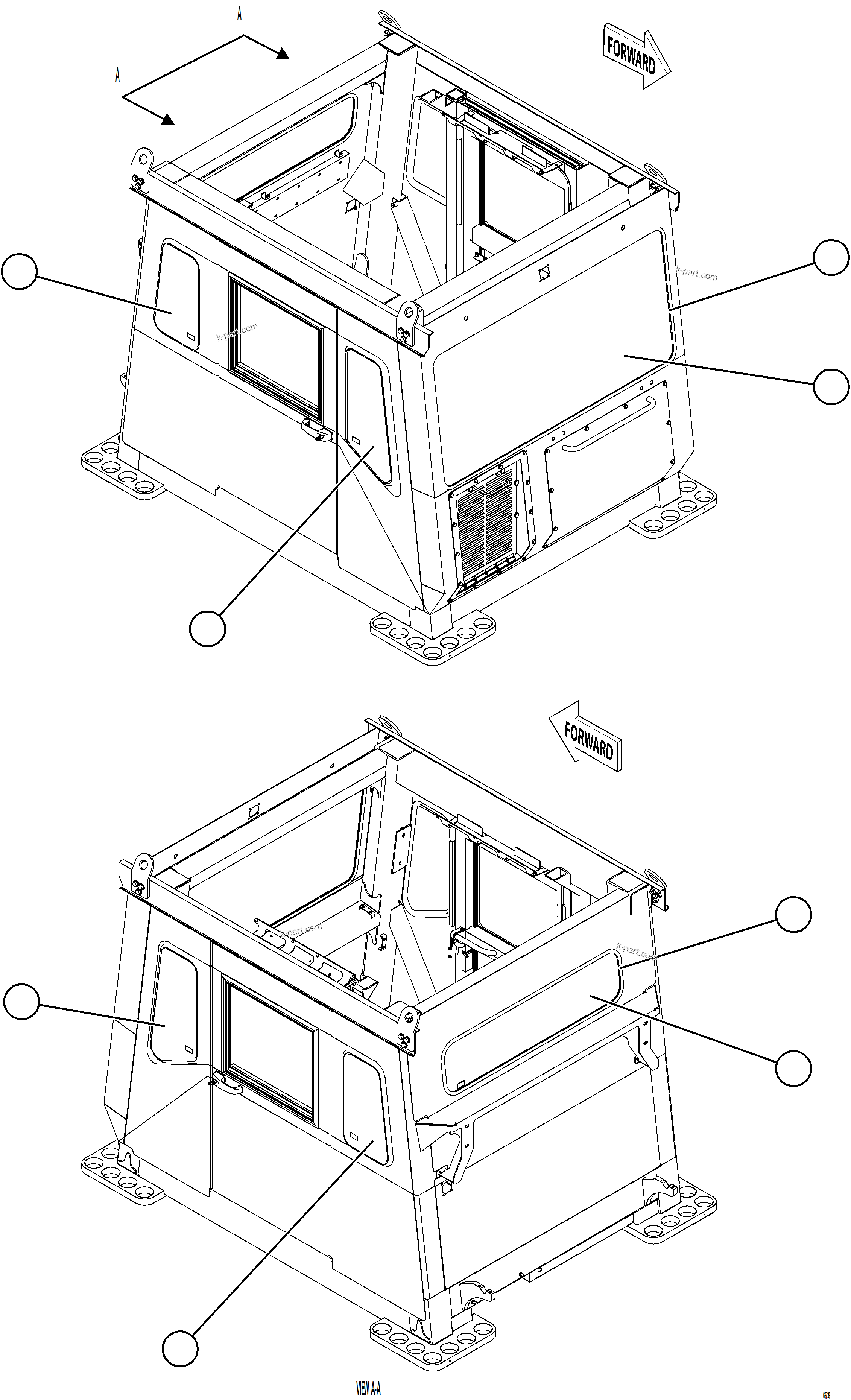 Komatsu parts book diagram for AFE75-BK 980E-5 S/N A50255 - A50256,A50257,A50260 - A50269,A50271 - A50273  KNA: CAB WINDOWS