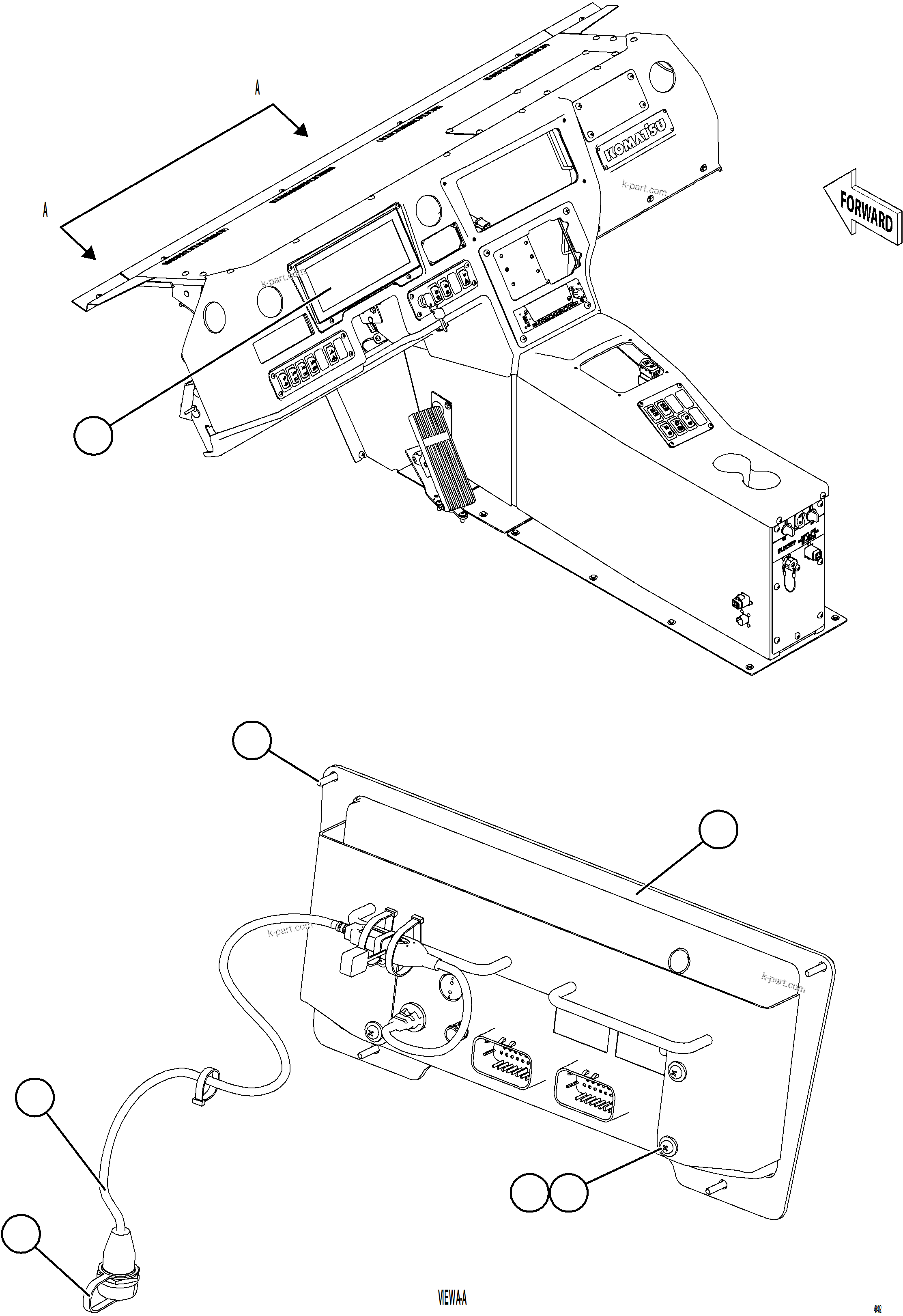 Komatsu parts book diagram for AFE75-BK 980E-5 S/N A50255 - A50256,A50257,A50260 - A50269,A50271 - A50273  KNA: GAUGE PANEL INSTALLATION