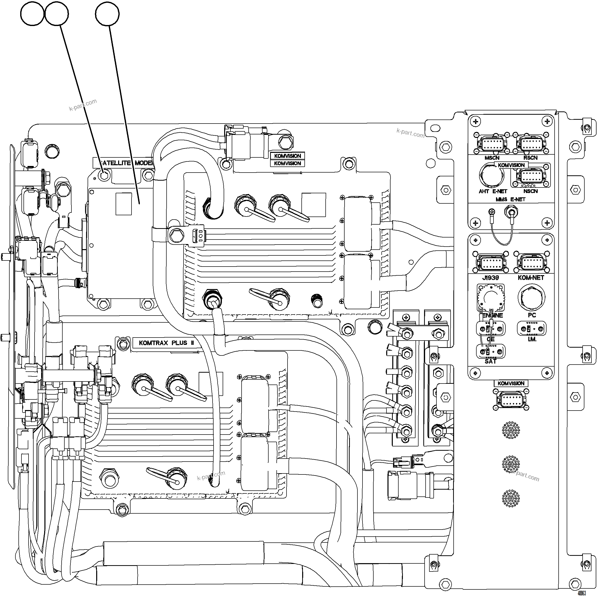 Komatsu parts book diagram for AFE75-BK 980E-5 S/N A50255 - A50256,A50257,A50260 - A50269,A50271 - A50273  KNA: SATELLITE CONTROLLER INSTALLATION