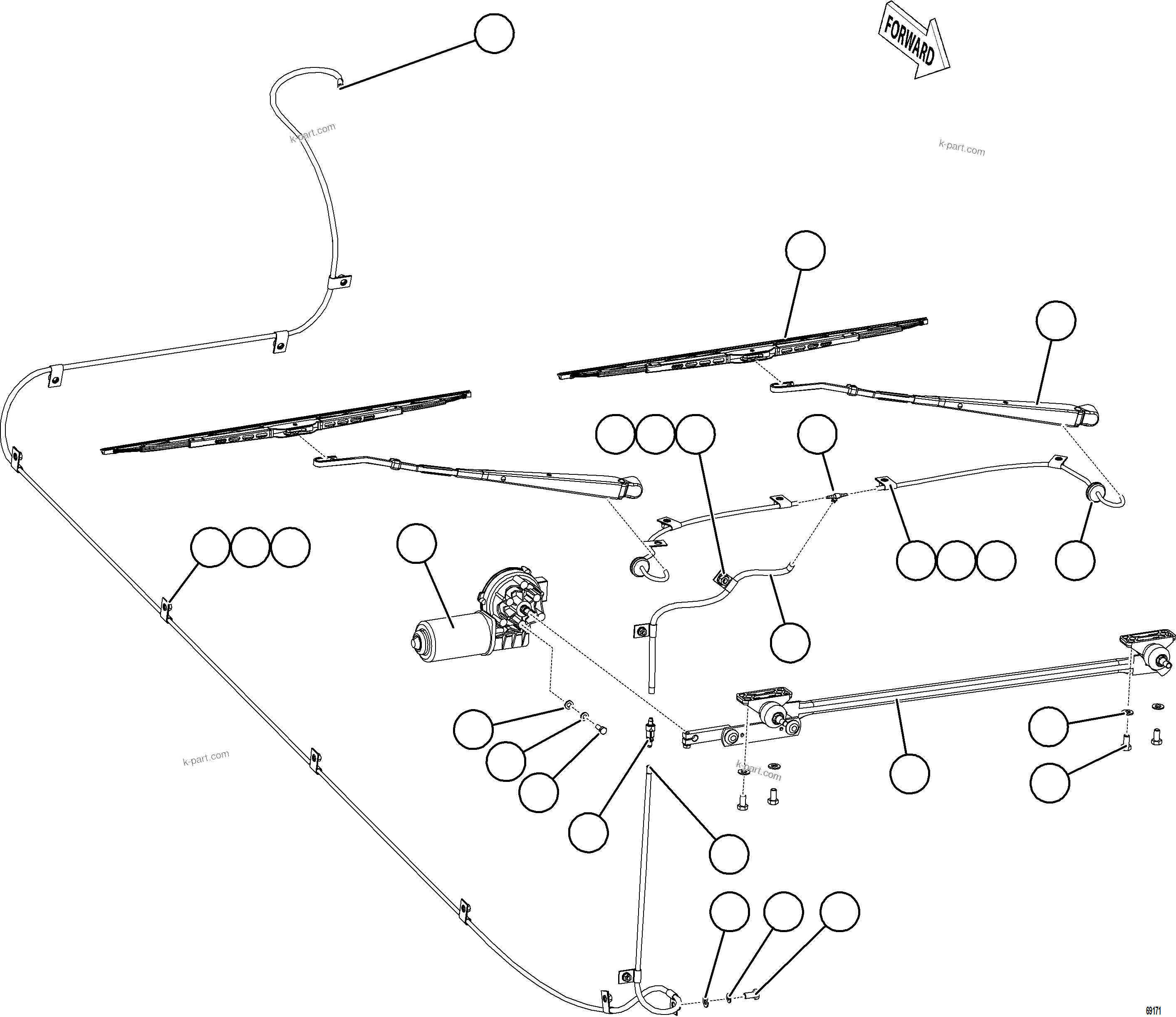 Komatsu parts book diagram for AFE75-BK 980E-5 S/N A50255 - A50256,A50257,A50260 - A50269,A50271 - A50273  KNA: WINDSHIELD WIPER INSTALLATION