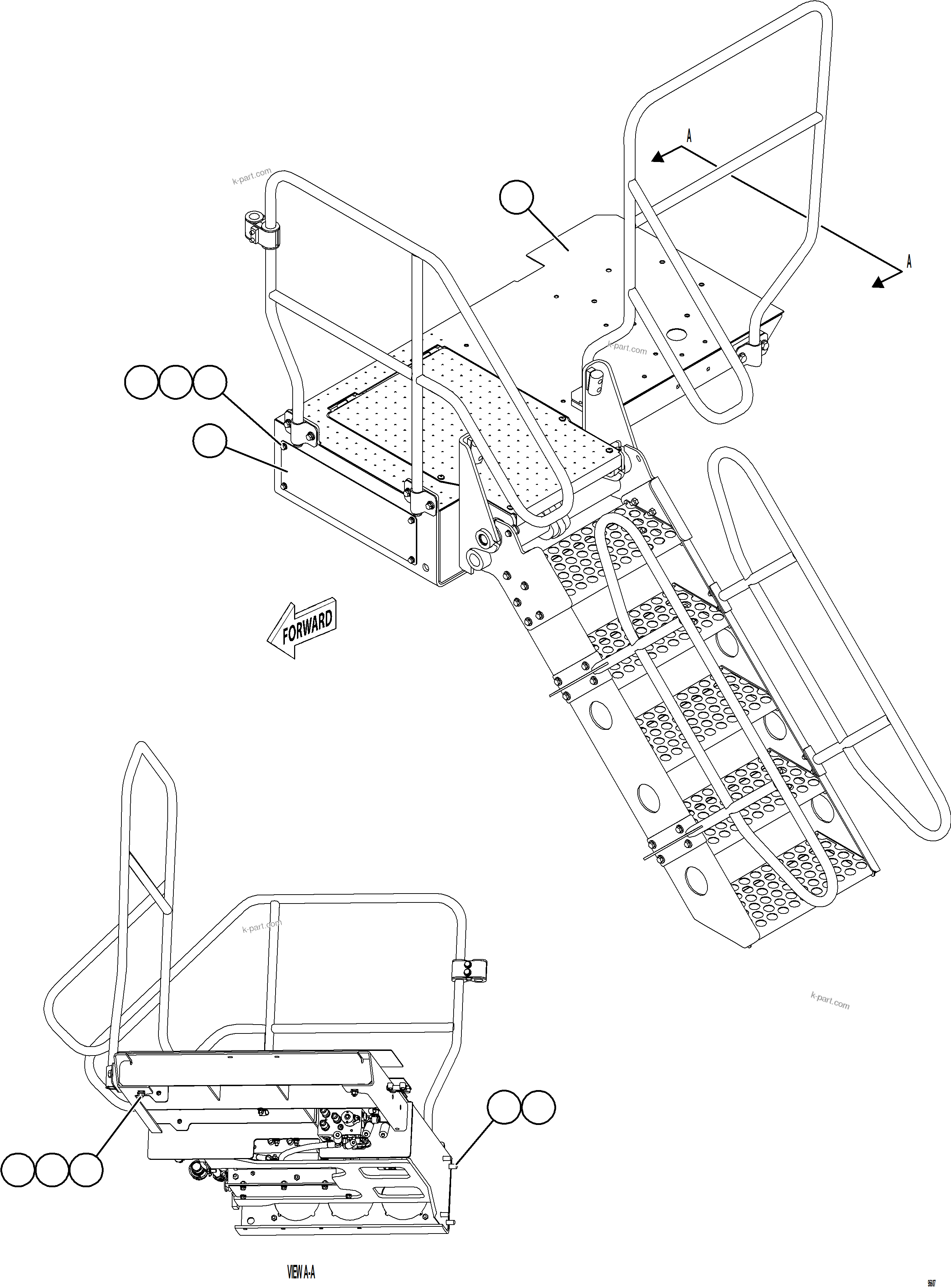 Komatsu parts book diagram for AFE75-BK 980E-5 S/N A50255 - A50256,A50257,A50260 - A50269,A50271 - A50273  KNA: LH LOWER PLATFORM INSTALLATION