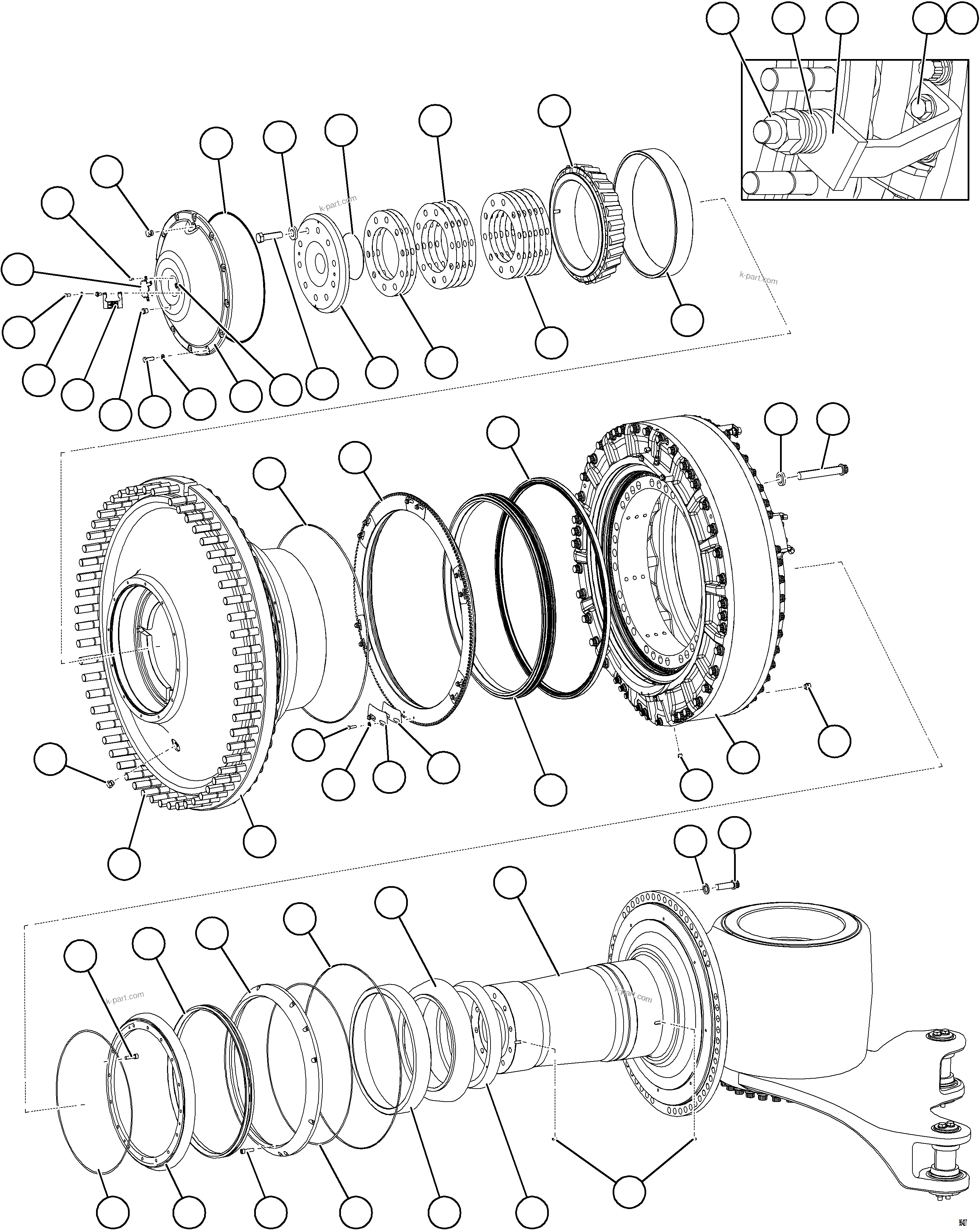 Komatsu parts book diagram for AFE75-BK 980E-5 S/N A50255 - A50256,A50257,A50260 - A50269,A50271 - A50273  KNA: SPINDLE, HUB AND BRAKE ASSEMBLY    1/3