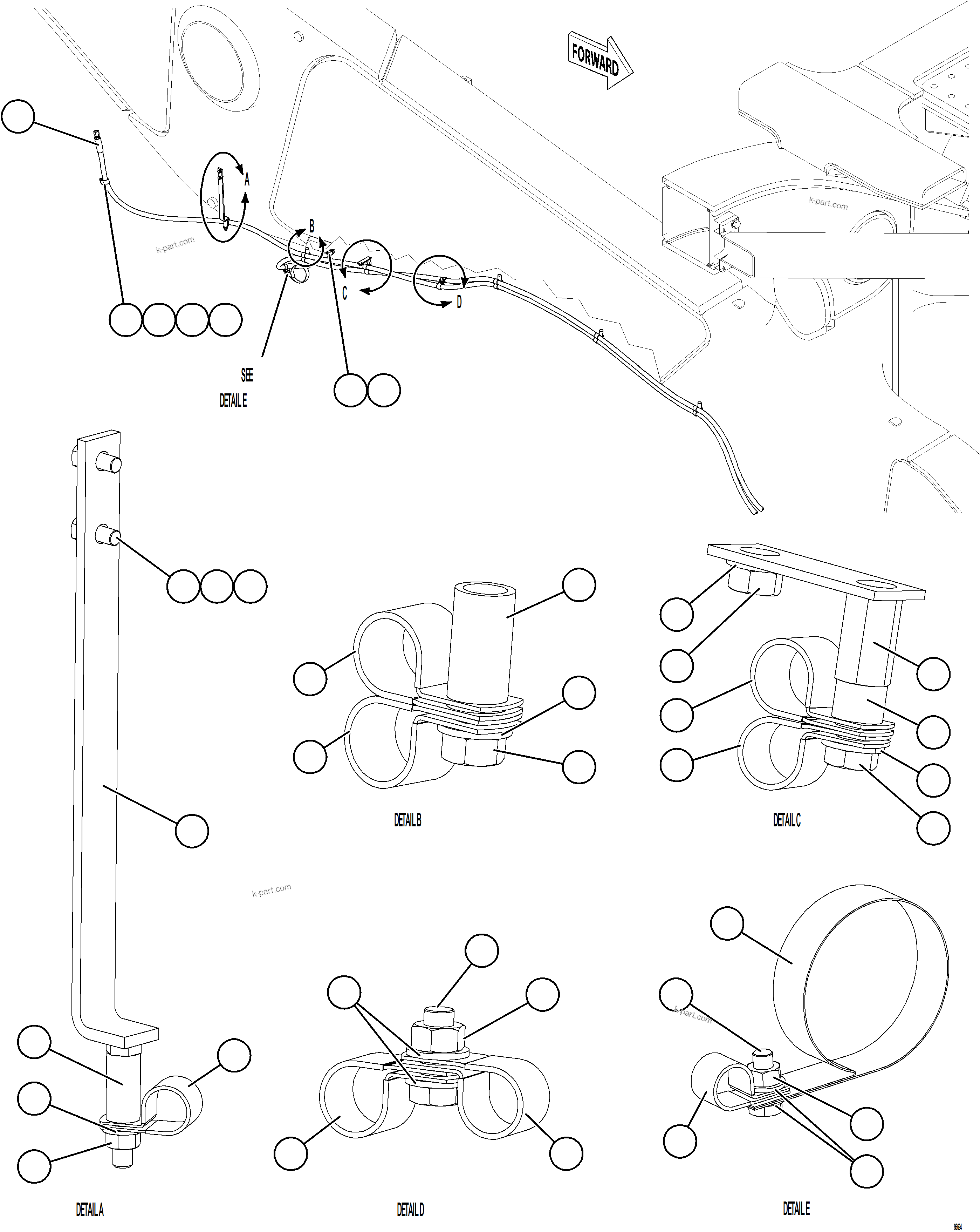Komatsu parts book diagram for AFE75-BK 980E-5 S/N A50255 - A50256,A50257,A50260 - A50269,A50271 - A50273  KNA: AUTOMATIC LUBRICATION SYSTEM PIPING - FRONT    4/4