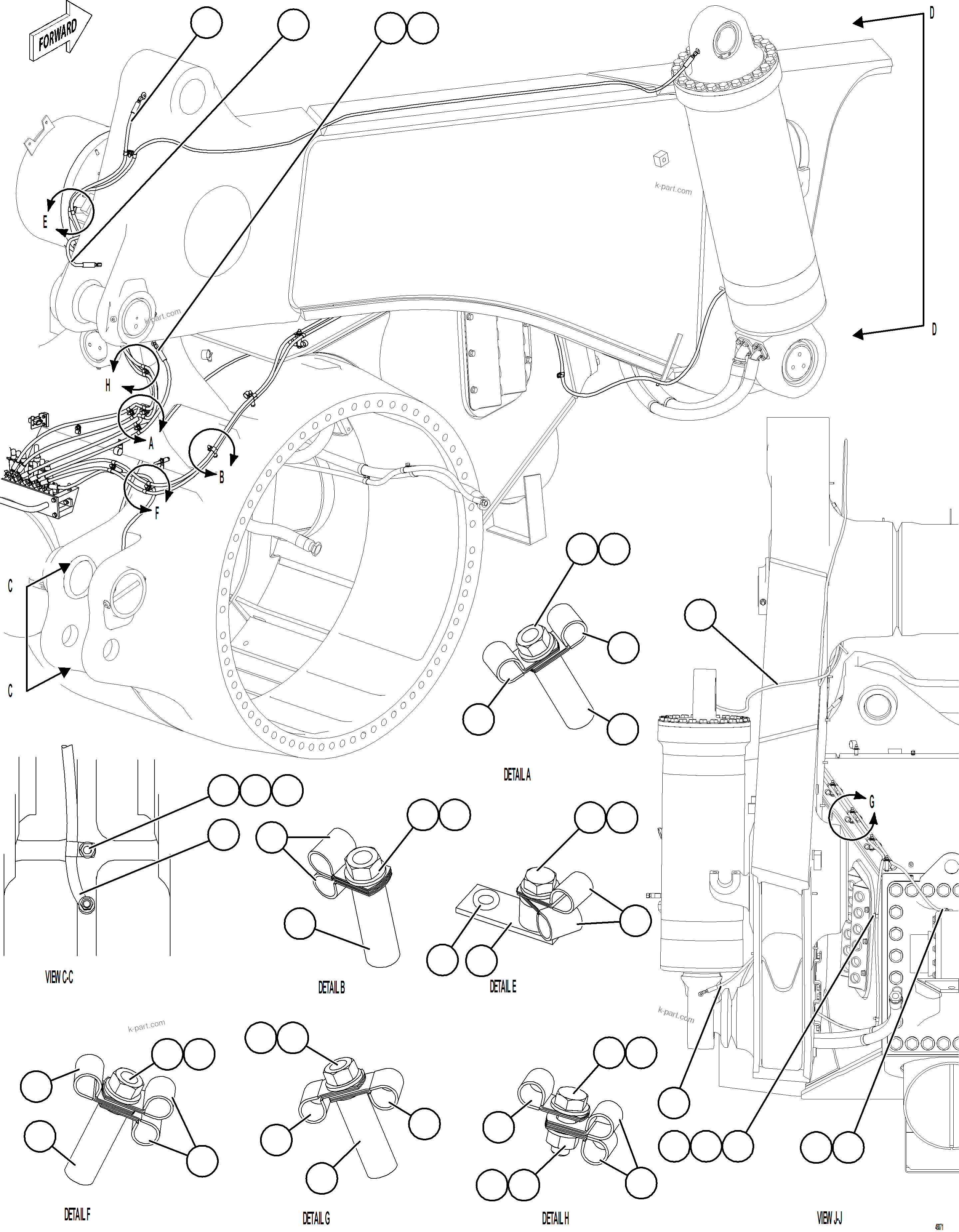 Komatsu parts book diagram for AFE75-BK 980E-5 S/N A50255 - A50256,A50257,A50260 - A50269,A50271 - A50273  KNA: AUTOMATIC LUBRICATION SYSTEM PIPING - REAR    3/4