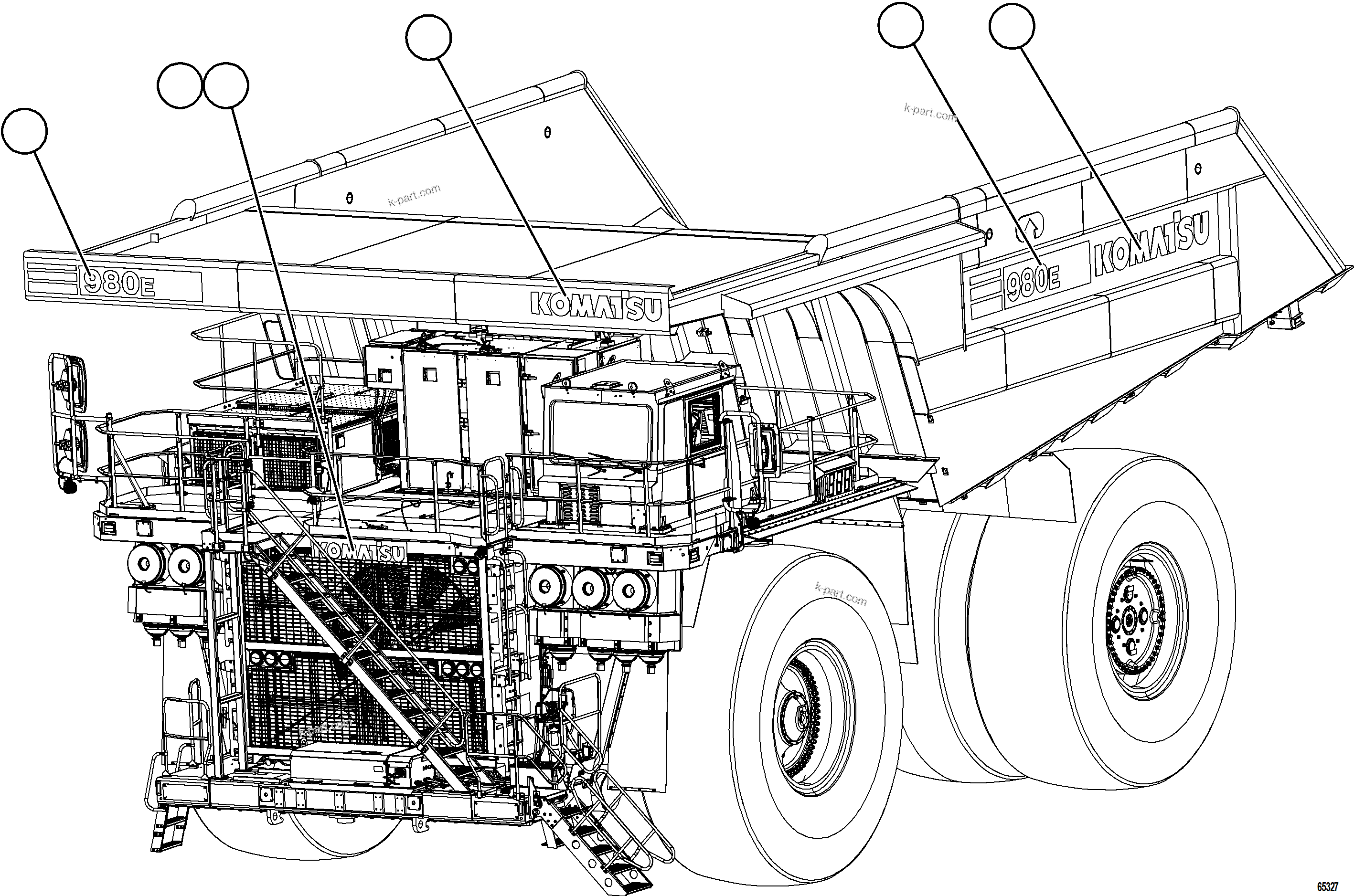 Komatsu parts book diagram for AFE75-BM 980E-5 S/N A50270,A50276  KNA: TRUCK DECALS