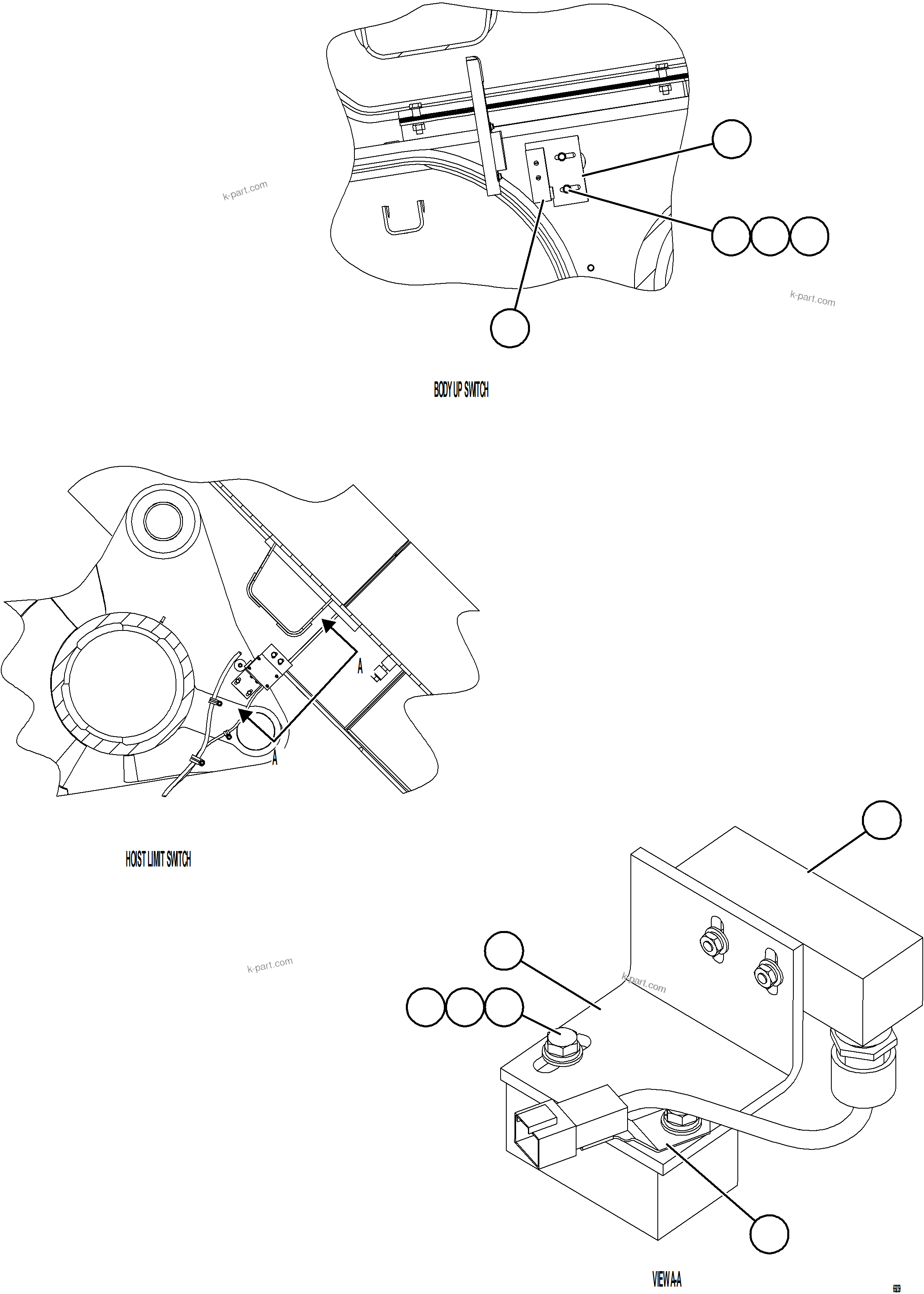 Komatsu parts book diagram for AFE77-AH 830E-5 S/N A50088 - A50098  BMA STOCK: BODY UP & HOIST LIMIT SWITCH INSTALLATION    1/2