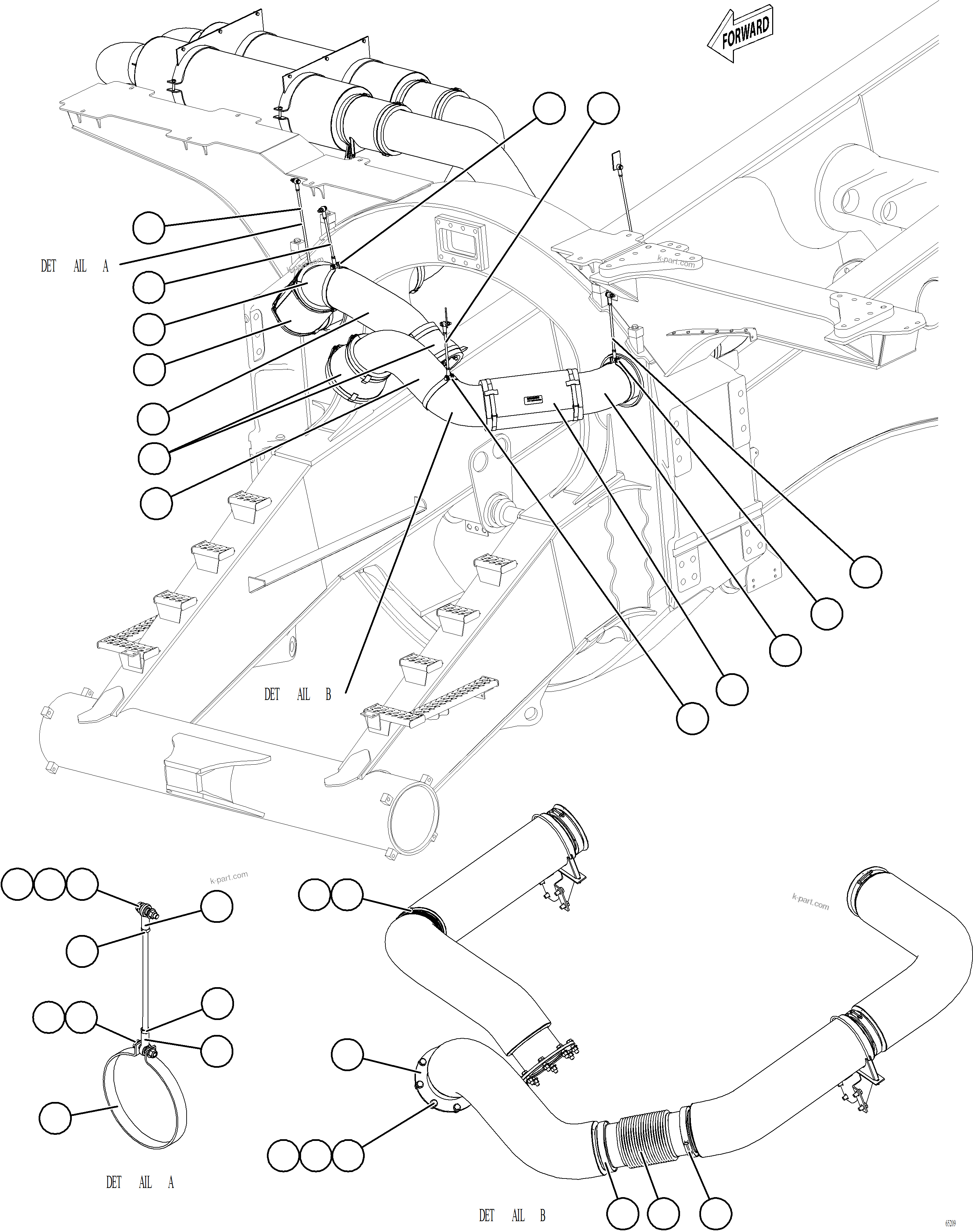 Komatsu parts book diagram for AFE77-AT 830E-5 S/N A50114  GOONYELLA: EXHAUST PIPING - FRONT