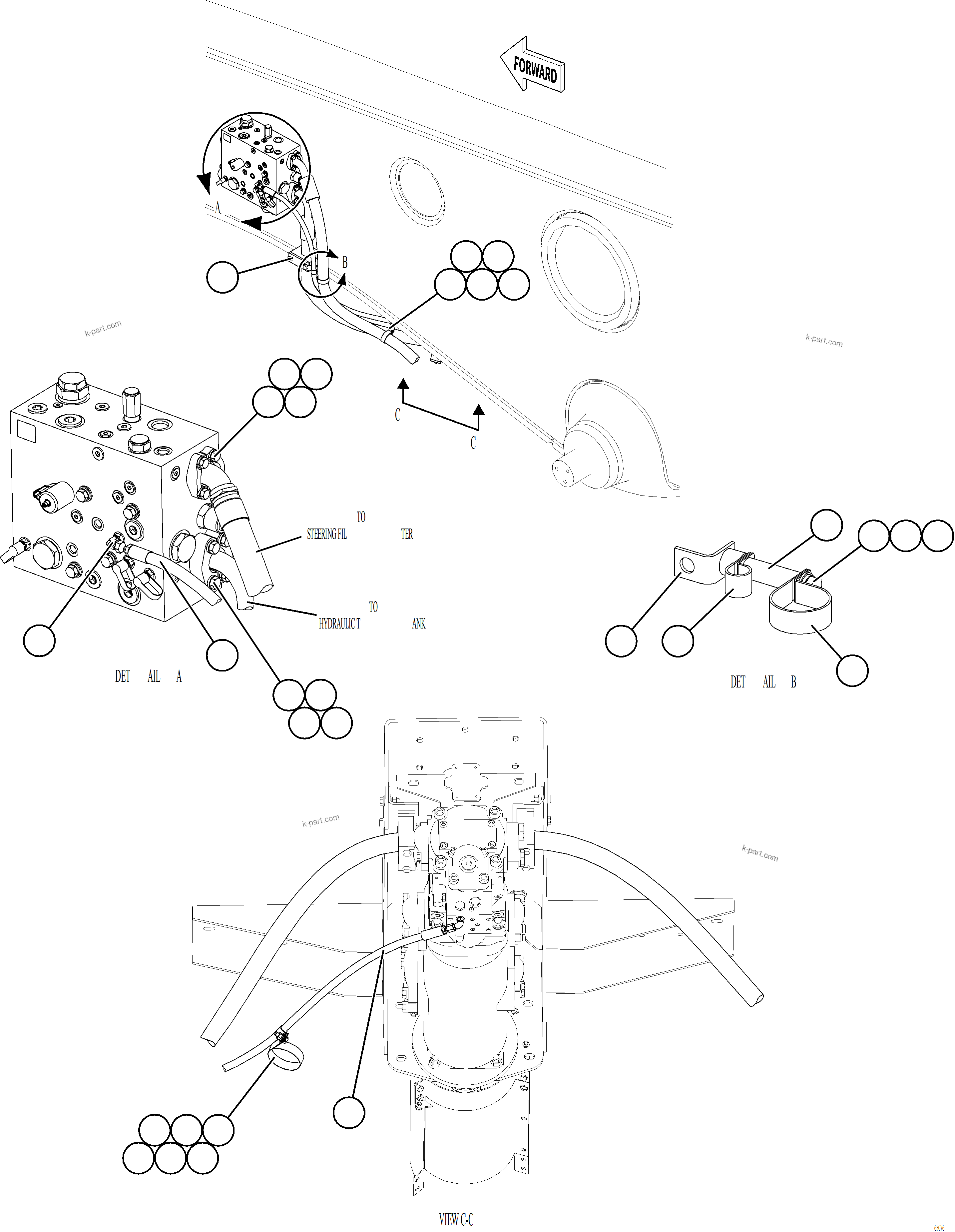 Komatsu parts book diagram for AFE77-AT 830E-5 S/N A50114  GOONYELLA: STEERING BLEEDDOWN MANIFOLD PIPING    1/3