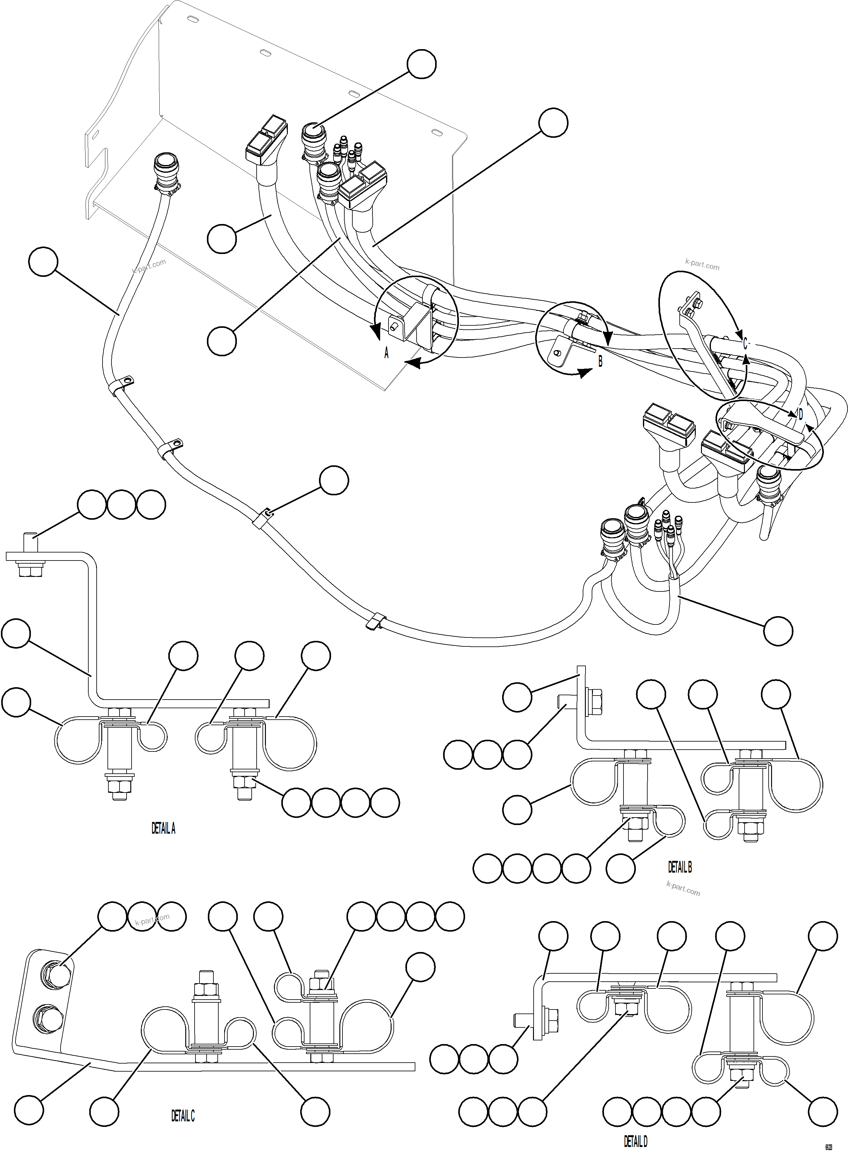 Komatsu parts book diagram for AFE77-BL 830E-5 S/N A50167 - A50168  CONUMA COAL: AUX CTRL CBNT CABLE & HARNESS CONNECTIONS    2/3