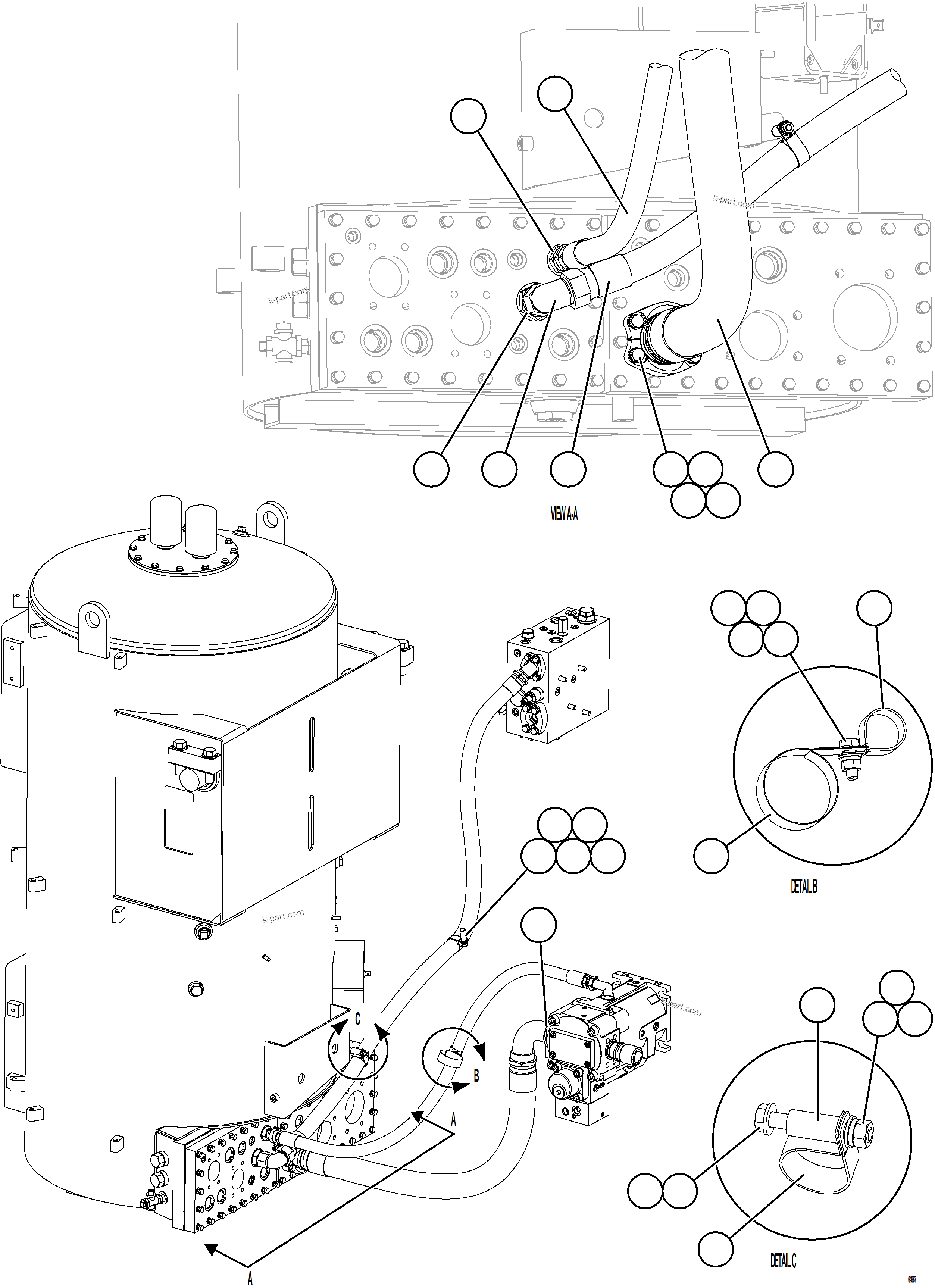 Komatsu parts book diagram for AFE77-BL 830E-5 S/N A50167 - A50168  CONUMA COAL: HYDRAULIC TANK PIPING - STEERING CIRCUIT