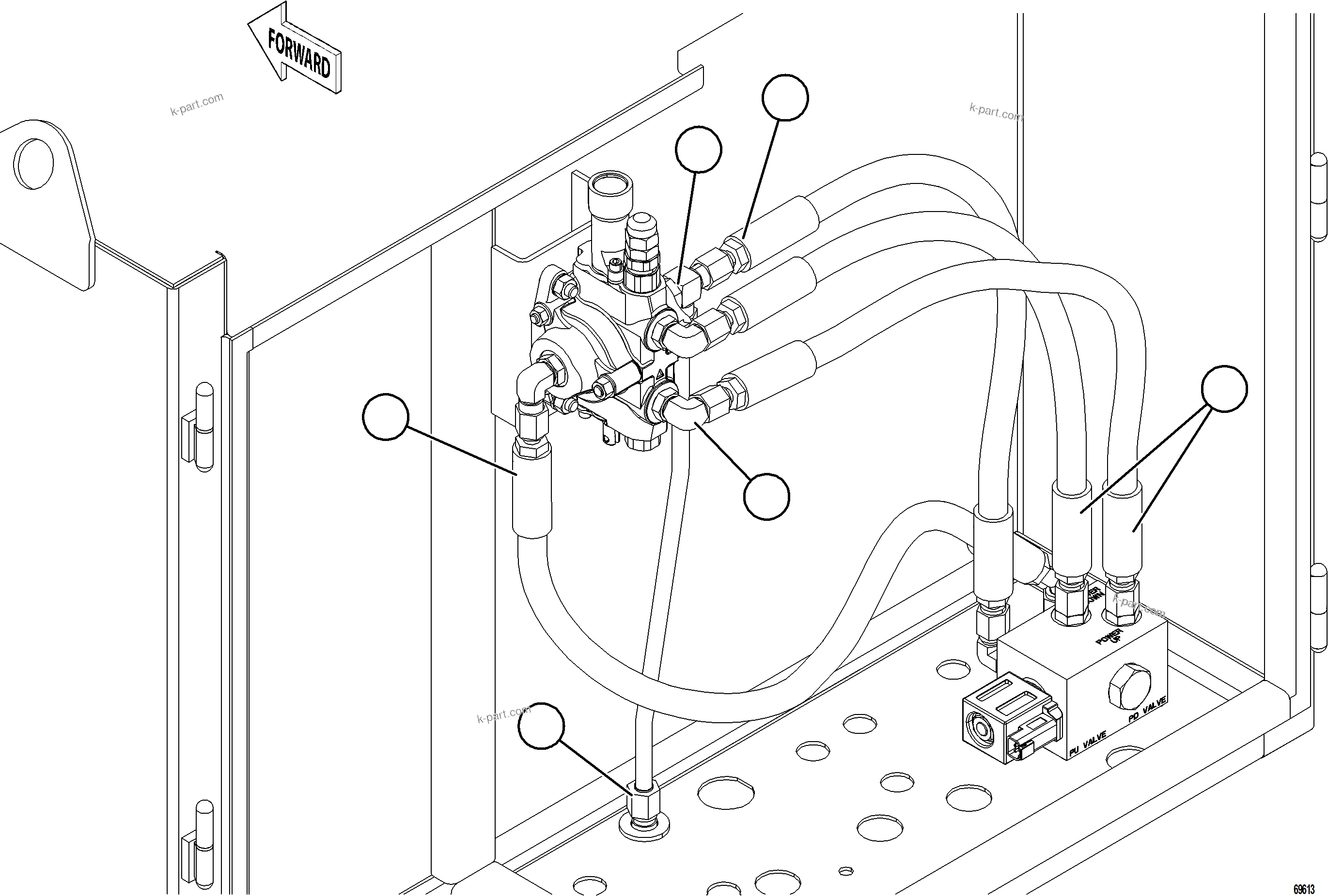 Komatsu parts book diagram for AFE77-BL 830E-5 S/N A50167 - A50168  CONUMA COAL: HYDRAULIC BRAKE CABINET PIPING - HOIST PILOT VALVE
