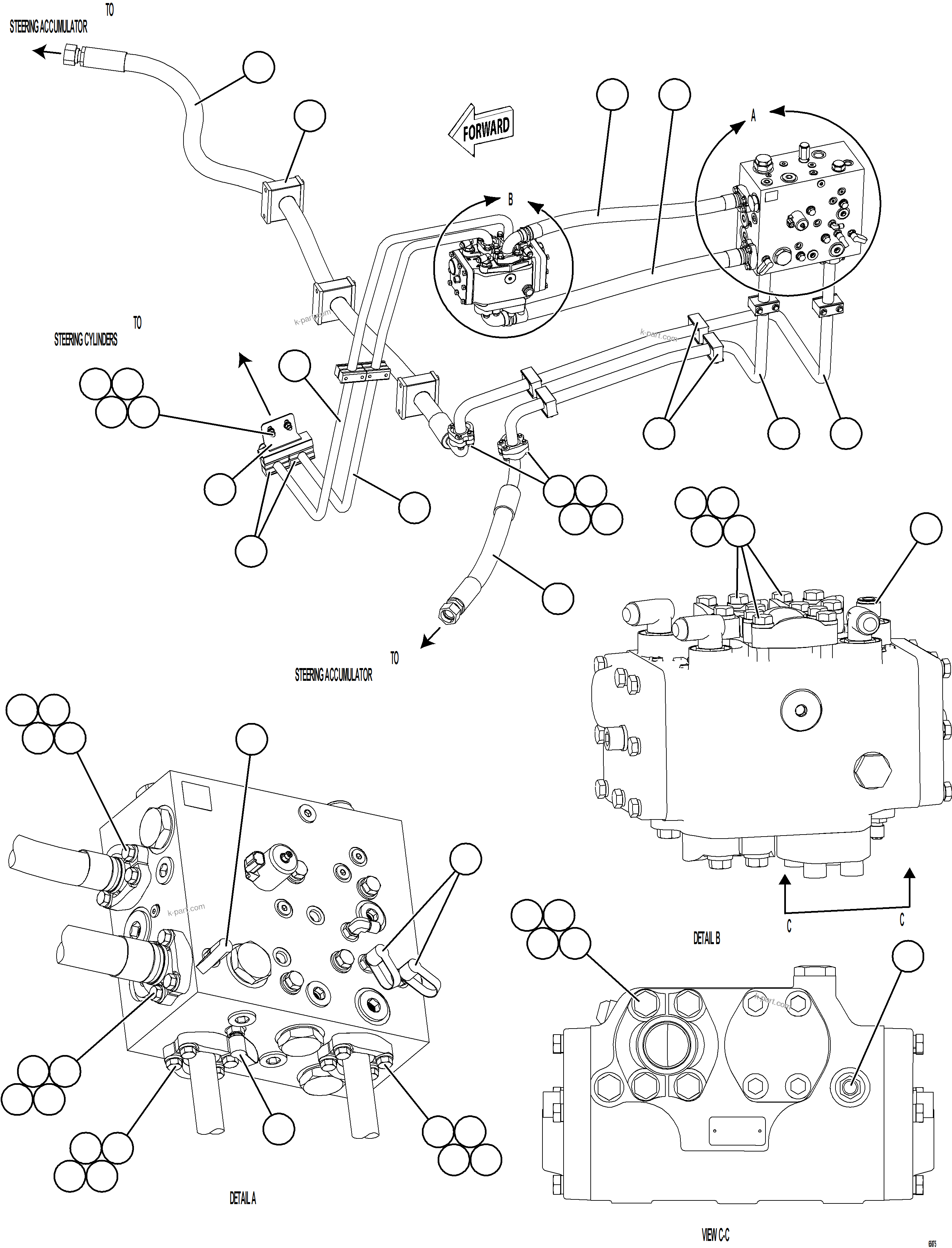 Komatsu parts book diagram for AFE77-BL 830E-5 S/N A50167 - A50168  CONUMA COAL: STEERING BLEEDDOWN MANIFOLD PIPING    2/3