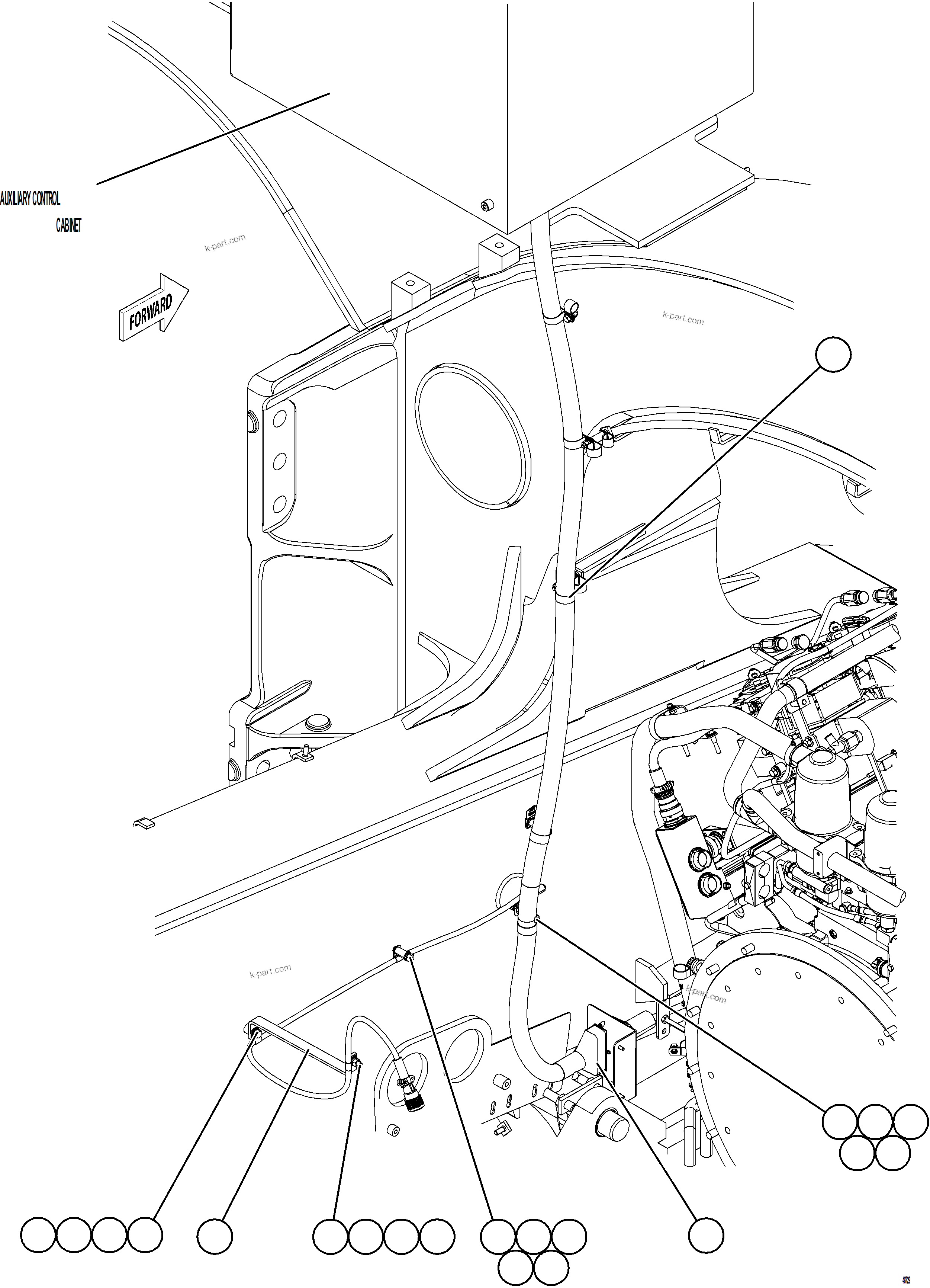 Komatsu parts book diagram for AFE77-BU 830E-5 S/N A50216 - A50217  KCH: AUX CTRL CBNT CABLE & HARNESS CONNECTIONS    3/3