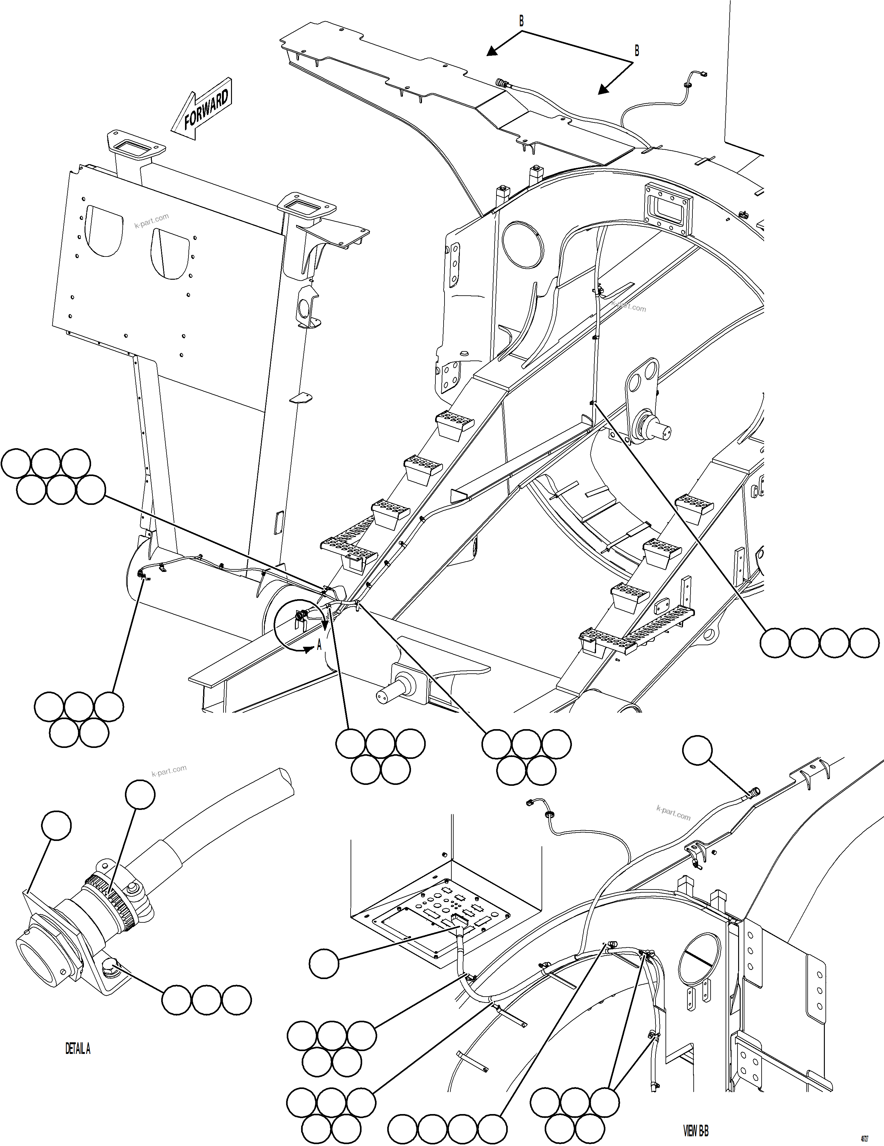 Komatsu parts book diagram for AFE77-BU 830E-5 S/N A50216 - A50217  KCH: RIGHT FRONT FRAME RAIL HARNESS
