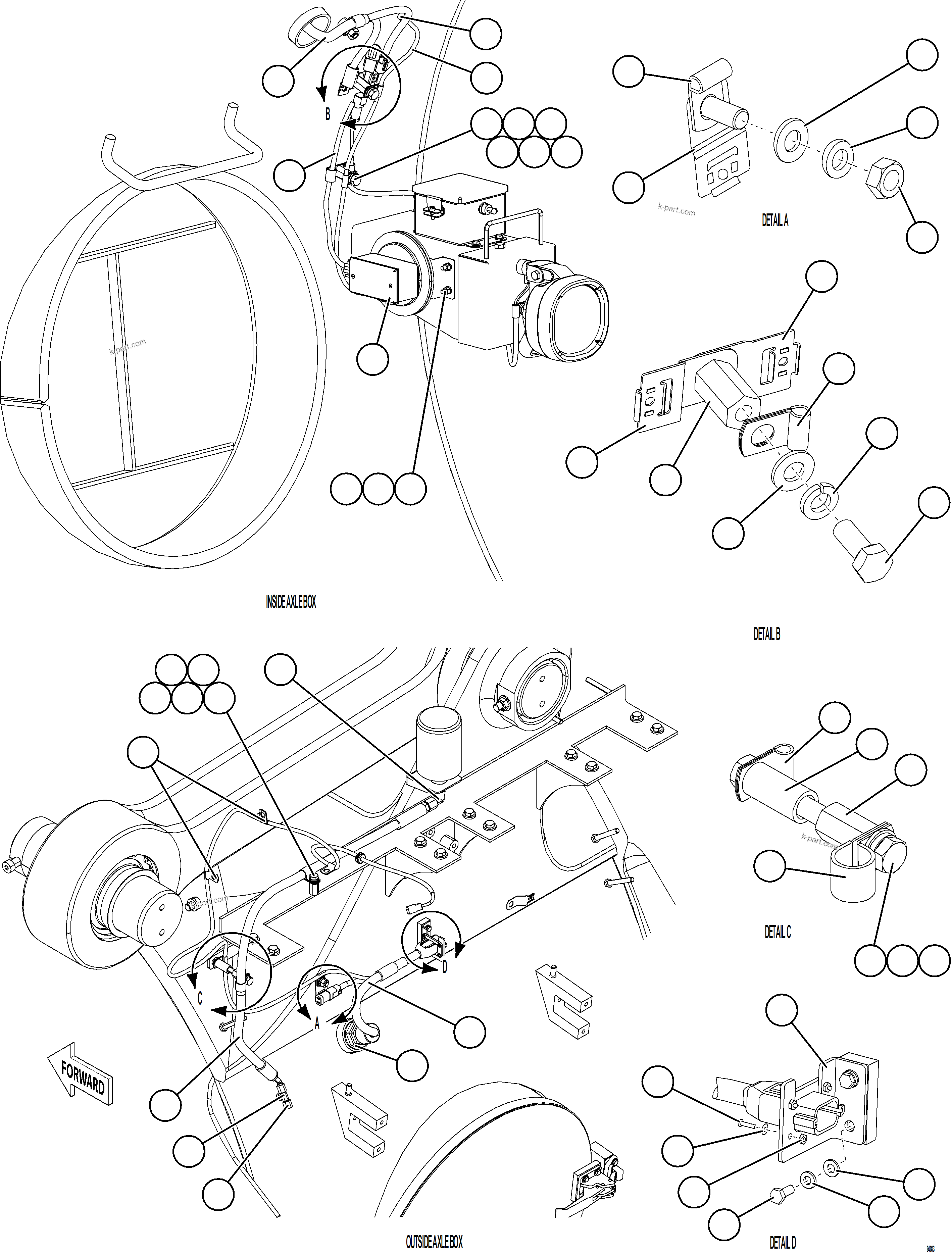 Komatsu parts book diagram for AFE77-BU 830E-5 S/N A50216 - A50217  KCH: REAR AXLE BLOWER PRESSURE SWITCH INSTALLATION