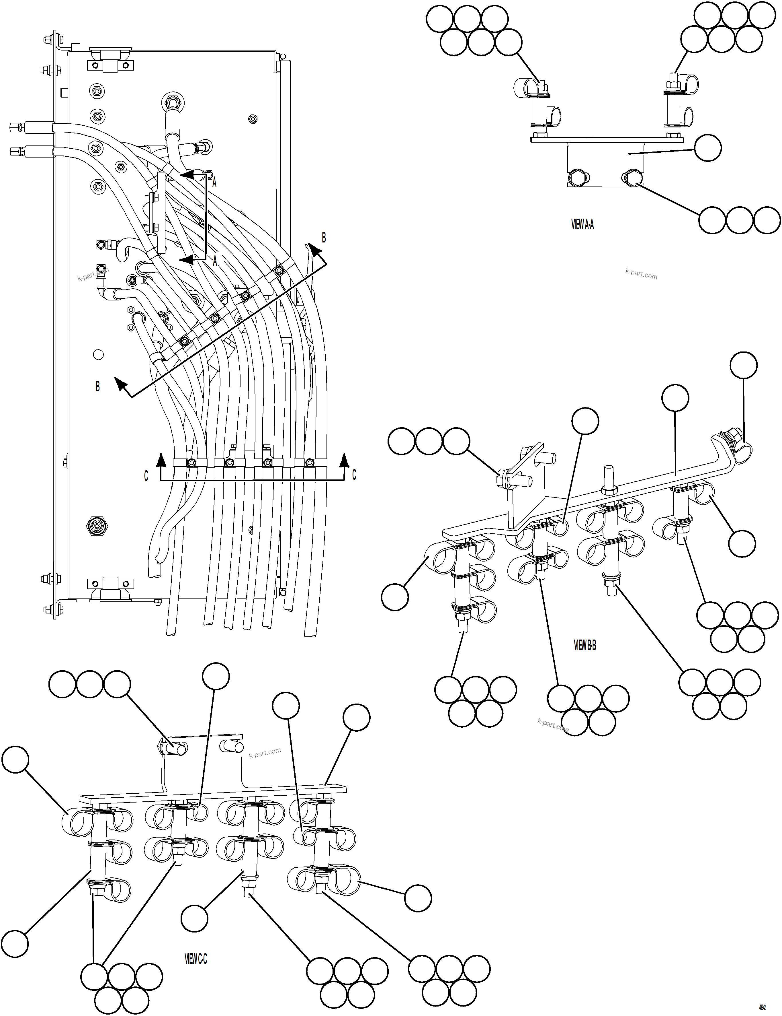 Komatsu parts book diagram for AFE77-BU 830E-5 S/N A50216 - A50217  KCH: HYDRAULIC BRAKE CABINET HOSE CLAMPING    1/4