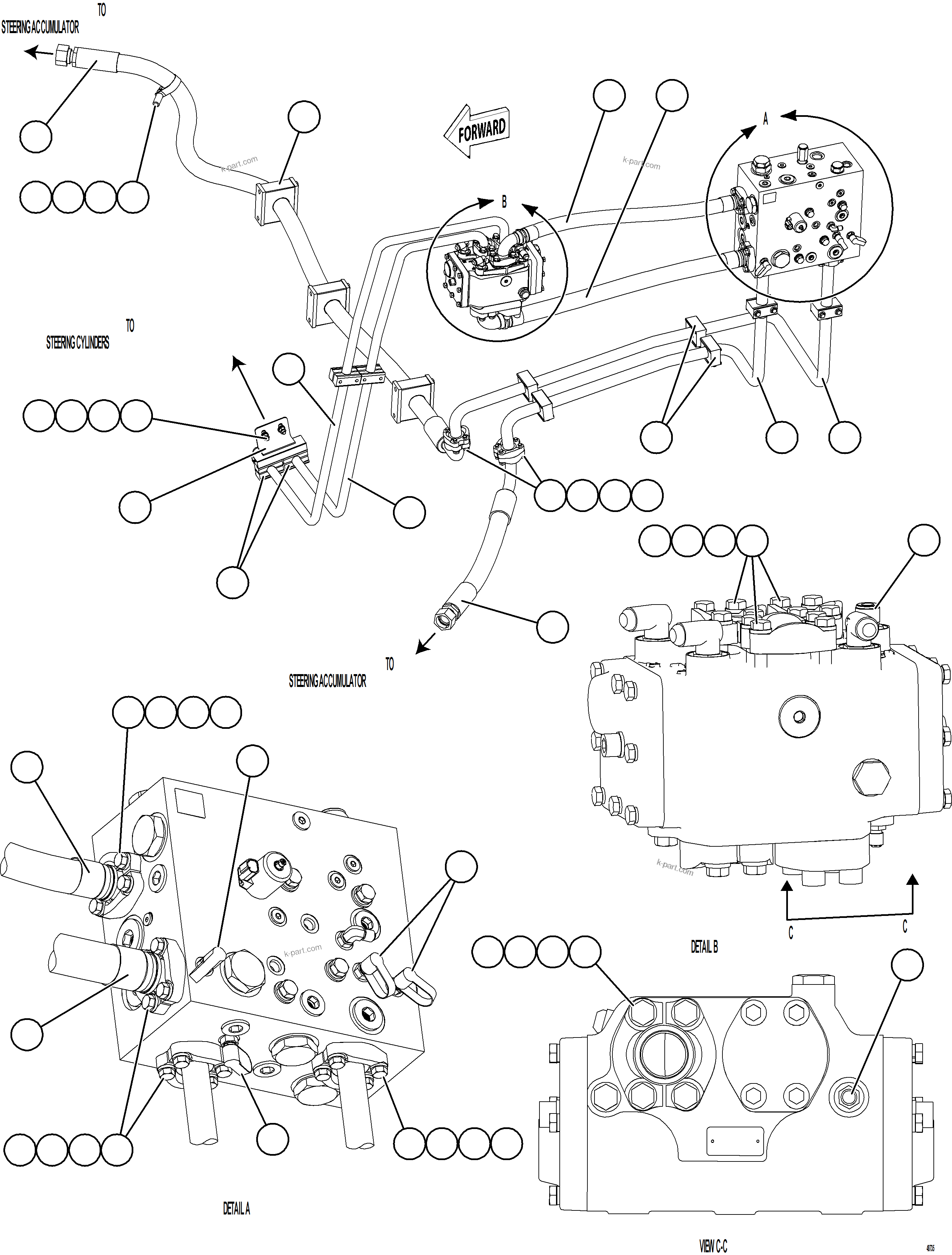 Komatsu parts book diagram for AFE77-BU 830E-5 S/N A50216 - A50217  KCH: STEERING BLEEDDOWN MANIFOLD PIPING    2/3