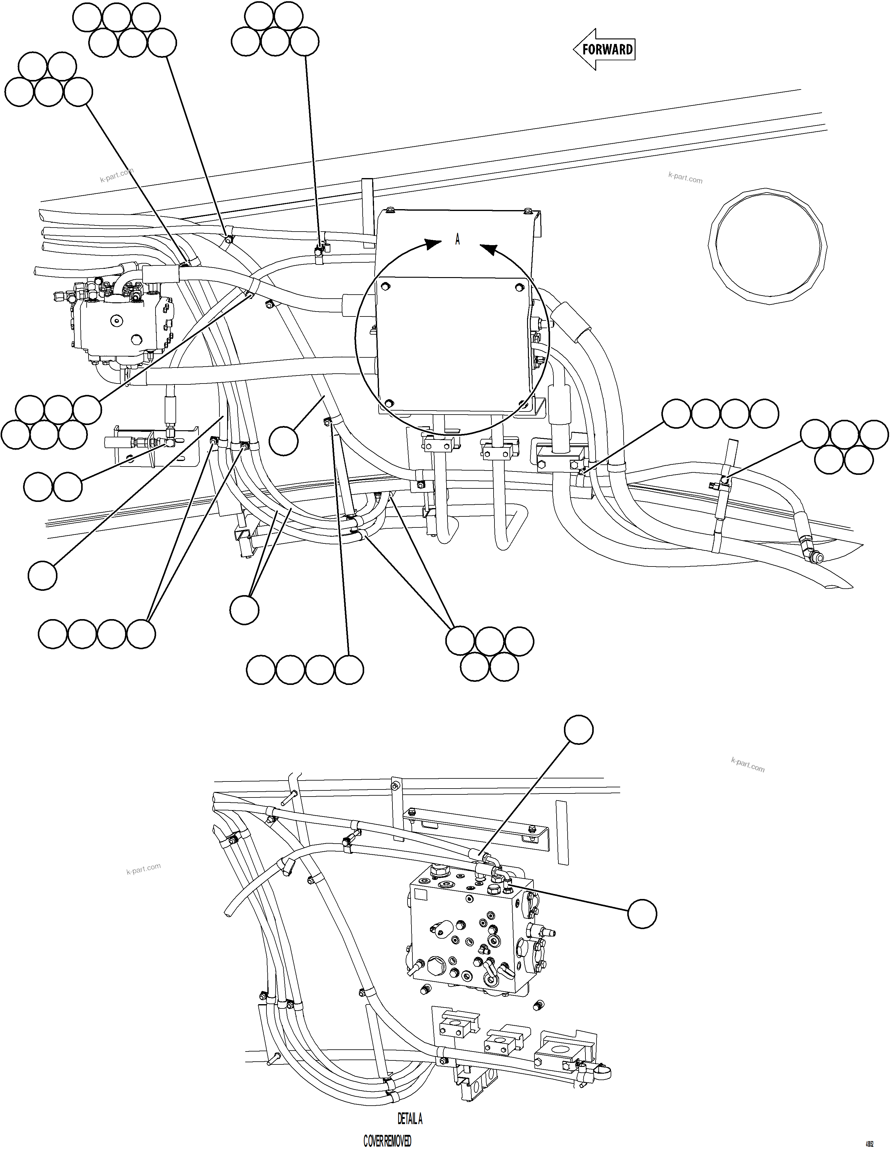 Komatsu parts book diagram for AFE77-BU 830E-5 S/N A50216 - A50217  KCH: STEERING BLEEDDOWN MANIFOLD PIPING    3/3