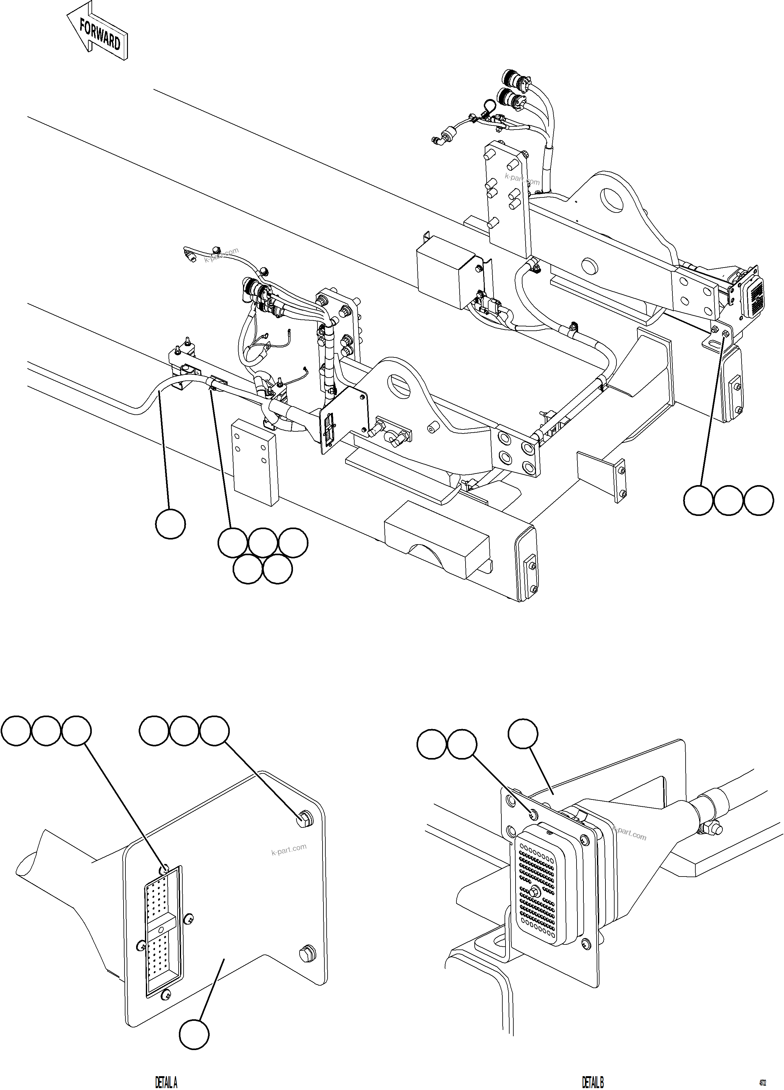 Komatsu parts book diagram for AFE77-CN 830E-5 S/N A50294 - A50295  SMS: EXTERNAL ENGINE WIRING HARNESS INSTALLATION    2/4