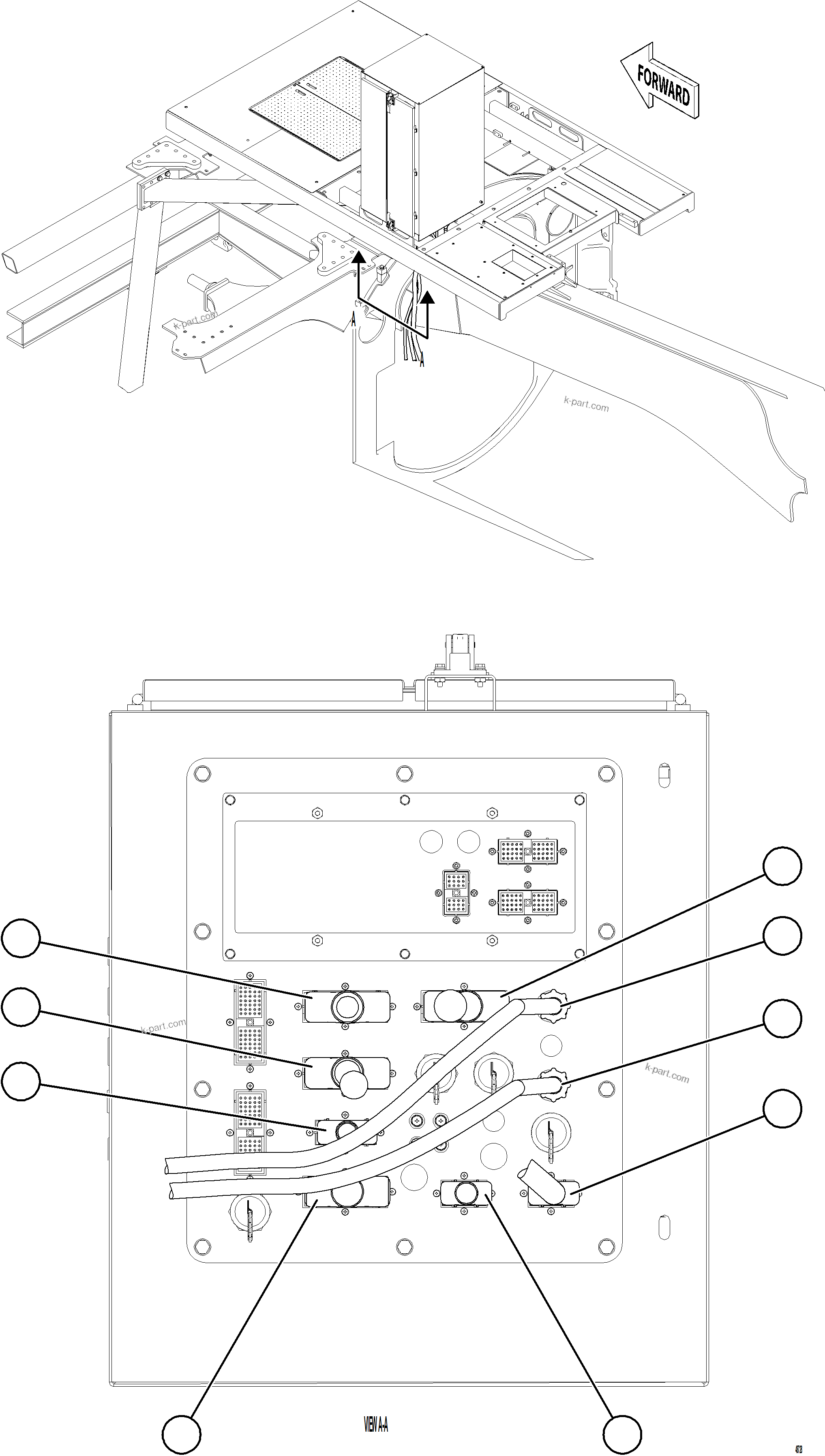 Komatsu parts book diagram for AFE77-CN 830E-5 S/N A50294 - A50295  SMS: AUX CTRL CBNT CABLE & HARNESS CONNECTIONS    1/3