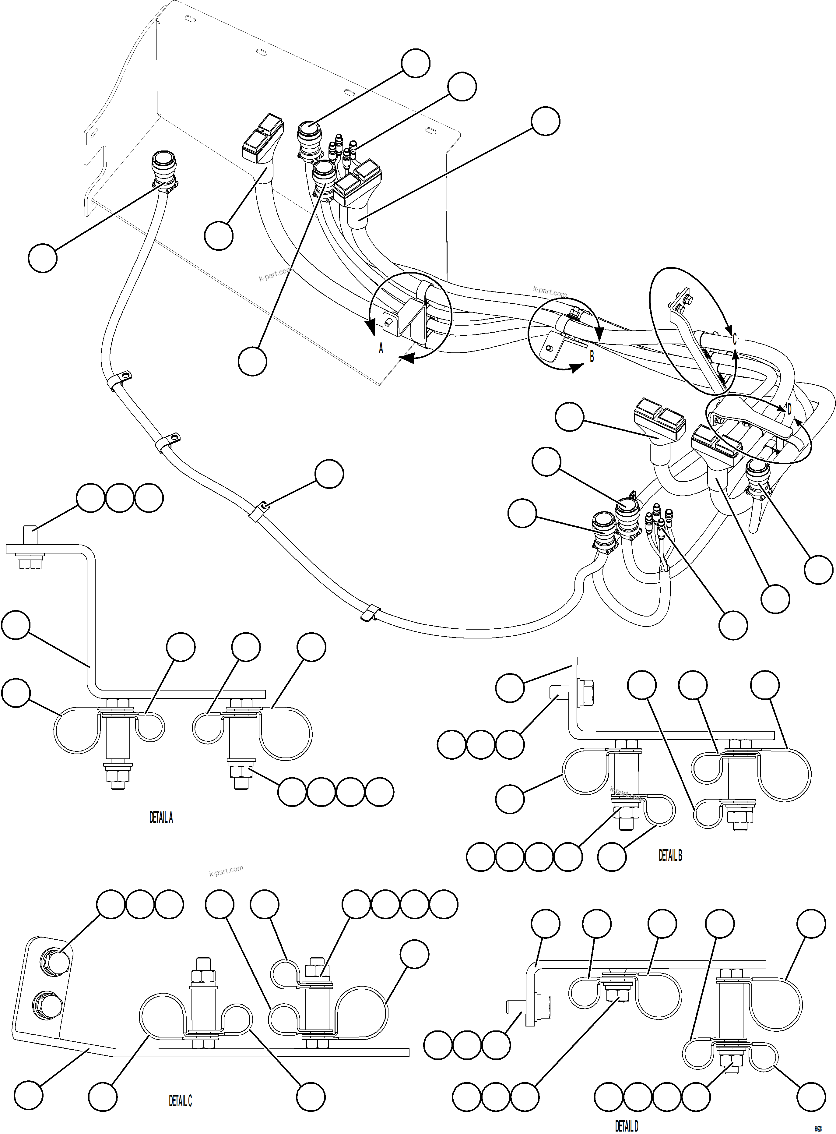 Komatsu parts book diagram for AFE77-CN 830E-5 S/N A50294 - A50295  SMS: AUX CTRL CBNT CABLE & HARNESS CONNECTIONS    2/3