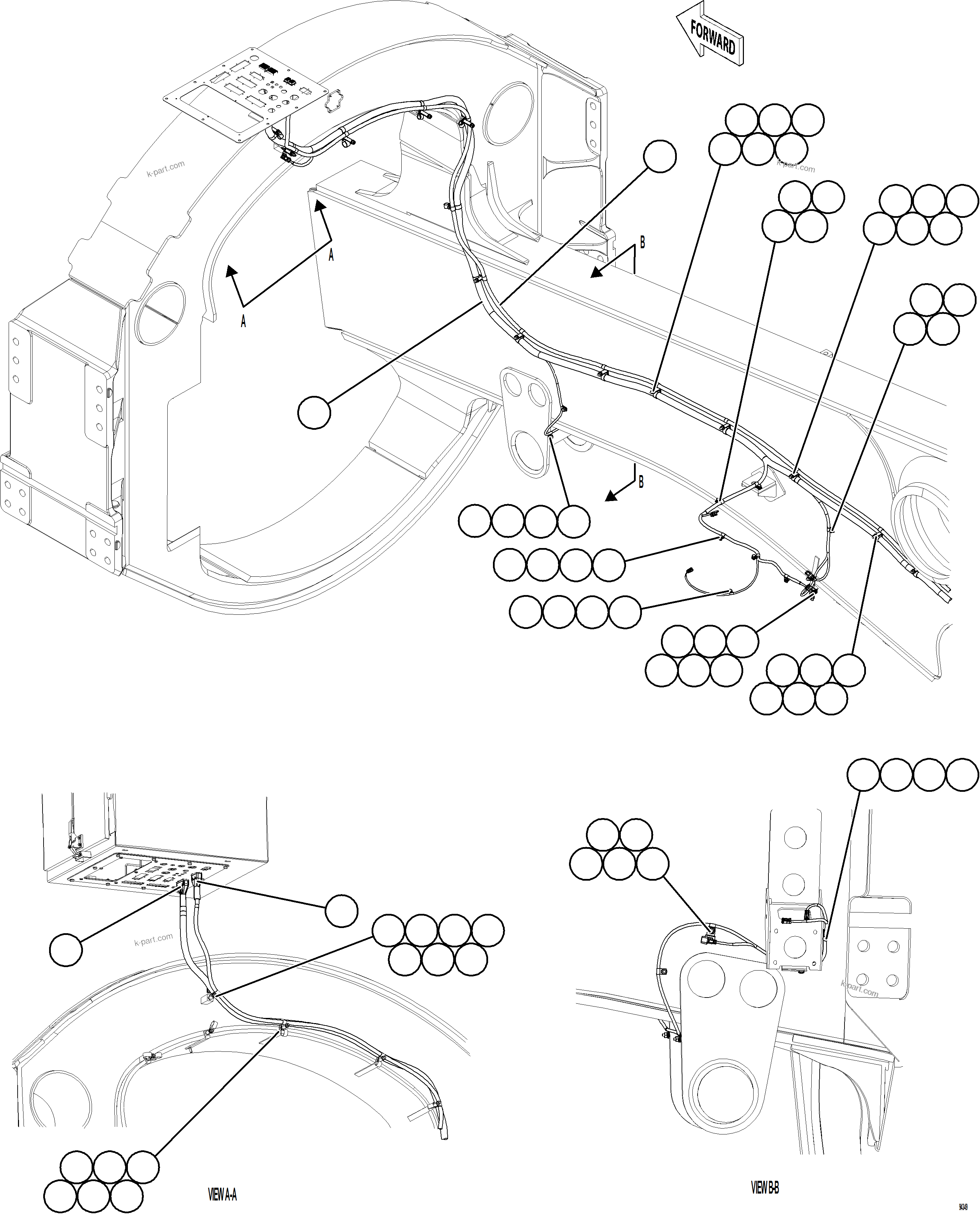 Komatsu parts book diagram for AFE77-CN 830E-5 S/N A50294 - A50295  SMS: RIGHT REAR FRAME RAIL HARNESS    1/2
