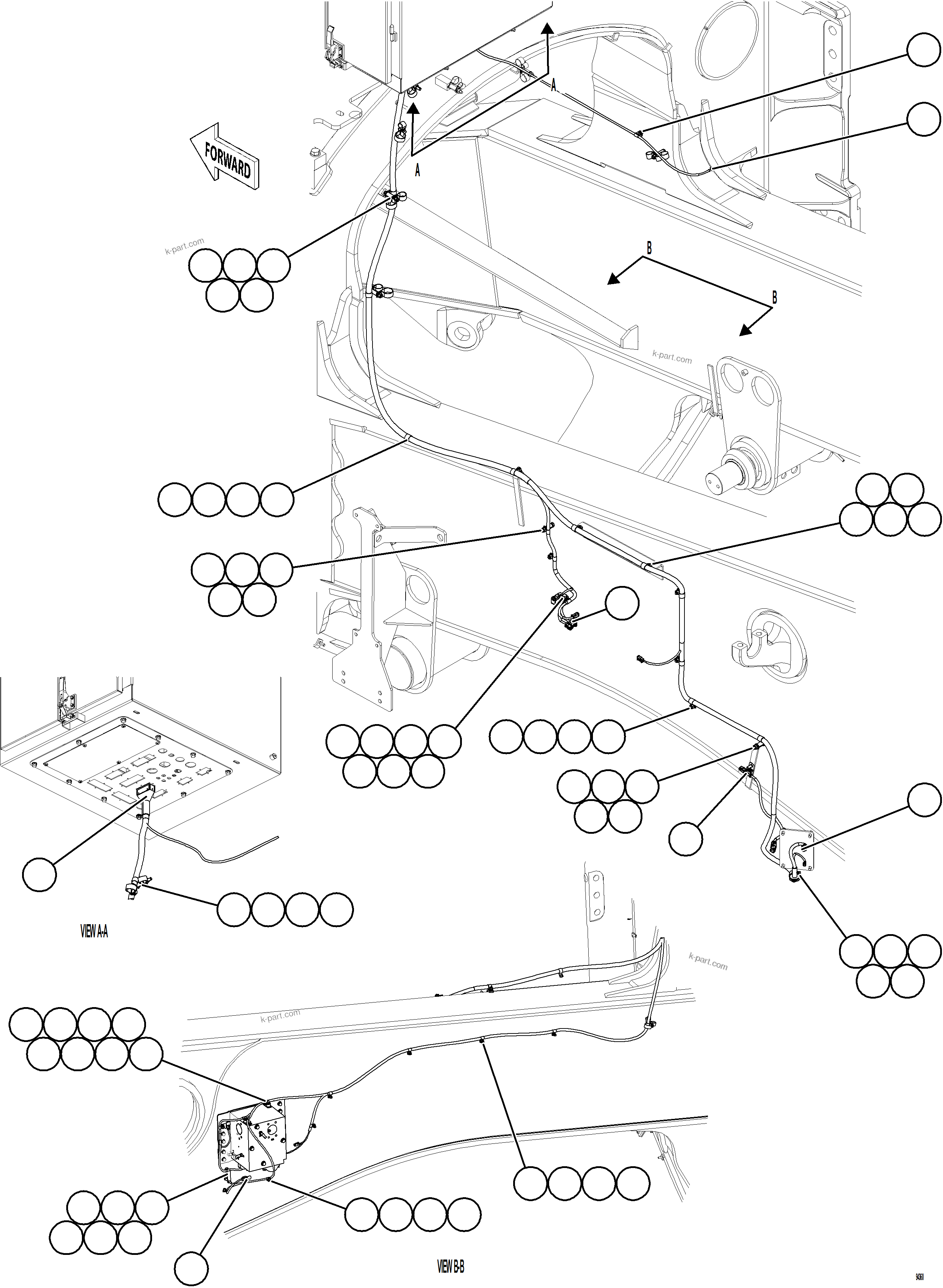 Komatsu parts book diagram for AFE77-CN 830E-5 S/N A50294 - A50295  SMS: LEFT REAR FRAME RAIL HARNESS    1/2