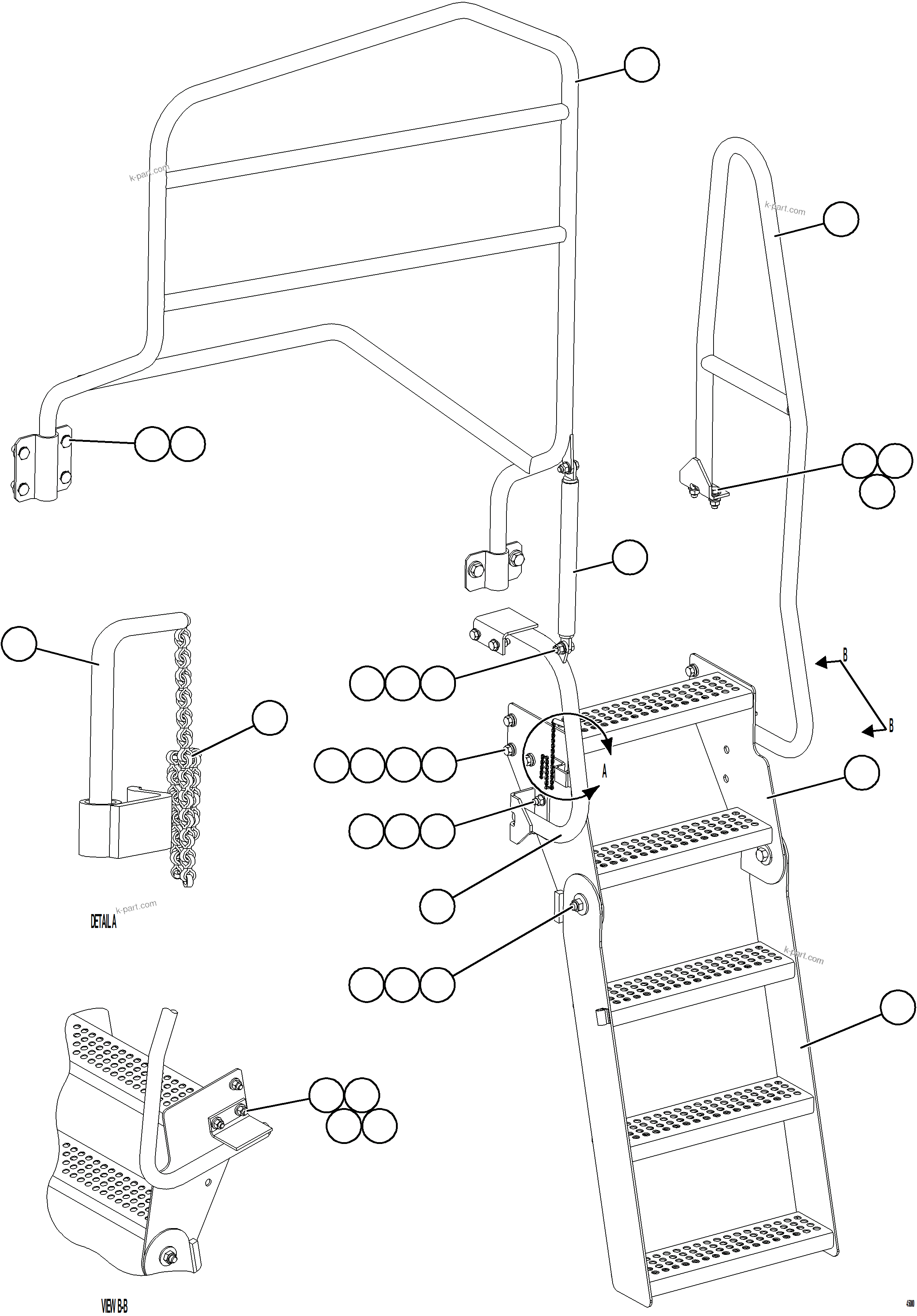 Komatsu parts book diagram for AFE77-CN 830E-5 S/N A50294 - A50295  SMS: RH ENGINE ACCESS LADDER & HANDRAILS