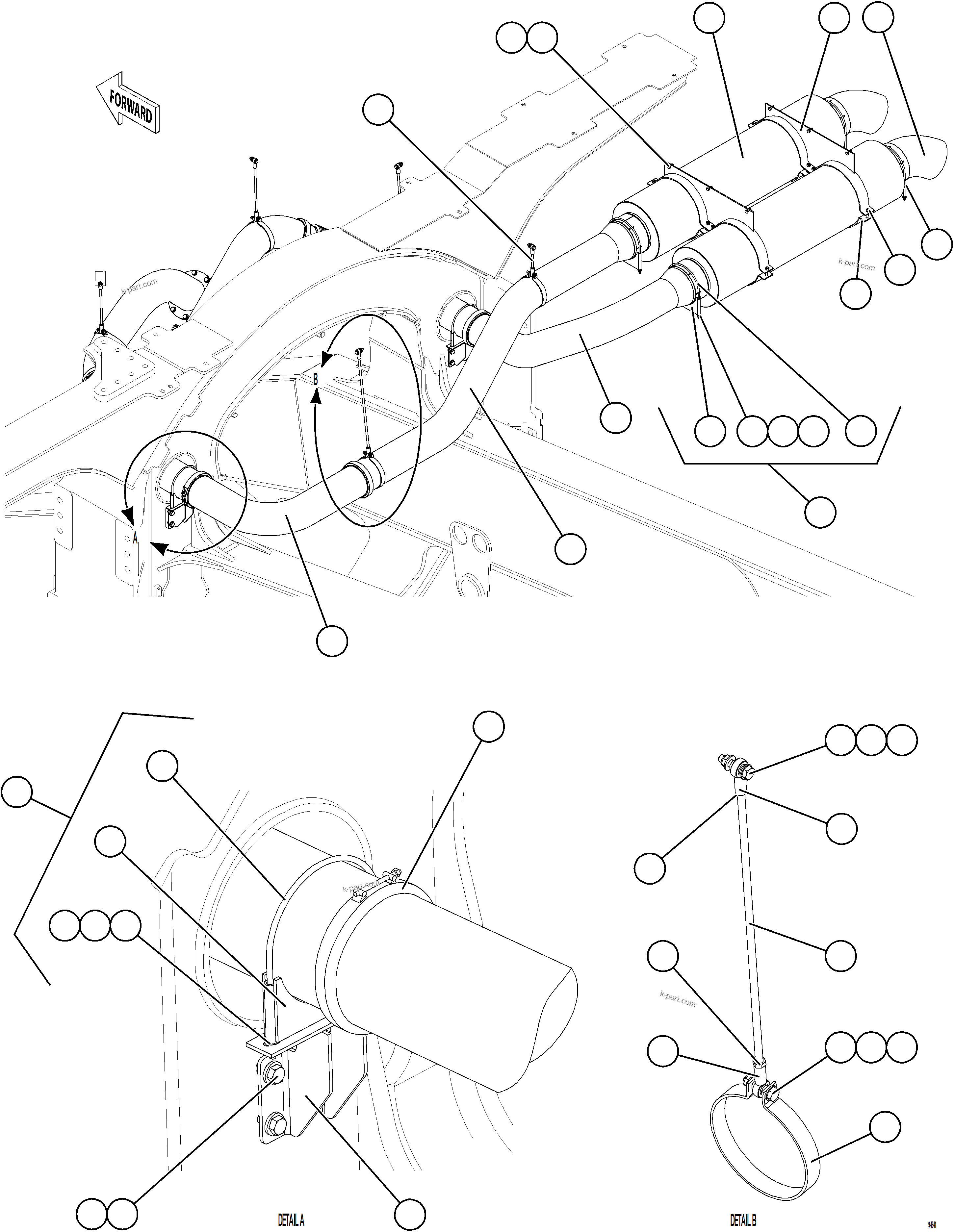 Komatsu parts book diagram for AFE77-CV 830E-5 S/N A50338,A50341 - A40345  KCH: EXHAUST PIPING - REAR