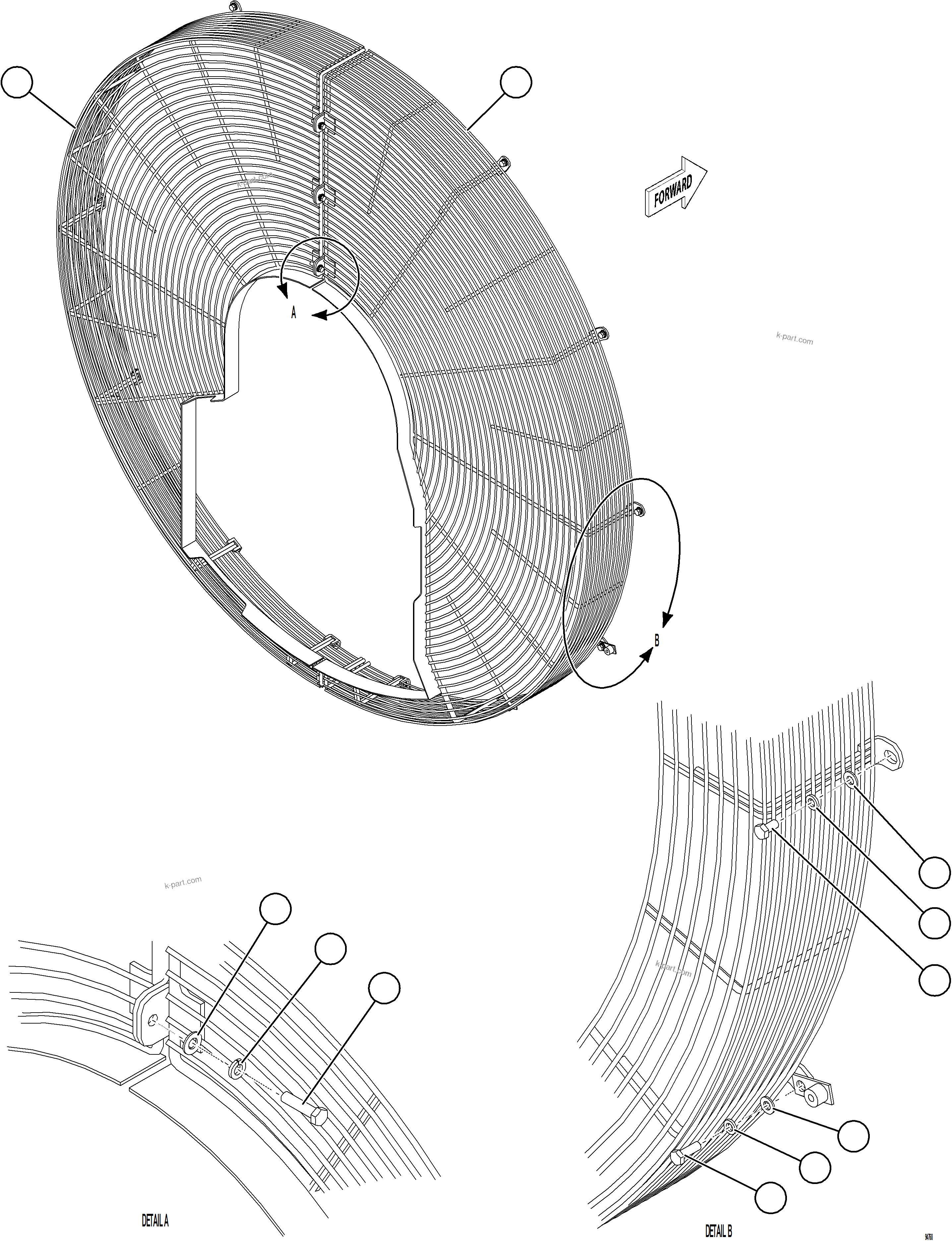 Komatsu parts book diagram for AFE77-CX 830E-5 S/N A50347 - A50348,A50355,A50362,A50368,A50370 - A50371  KBI: FAN GUARD INSTALLATION