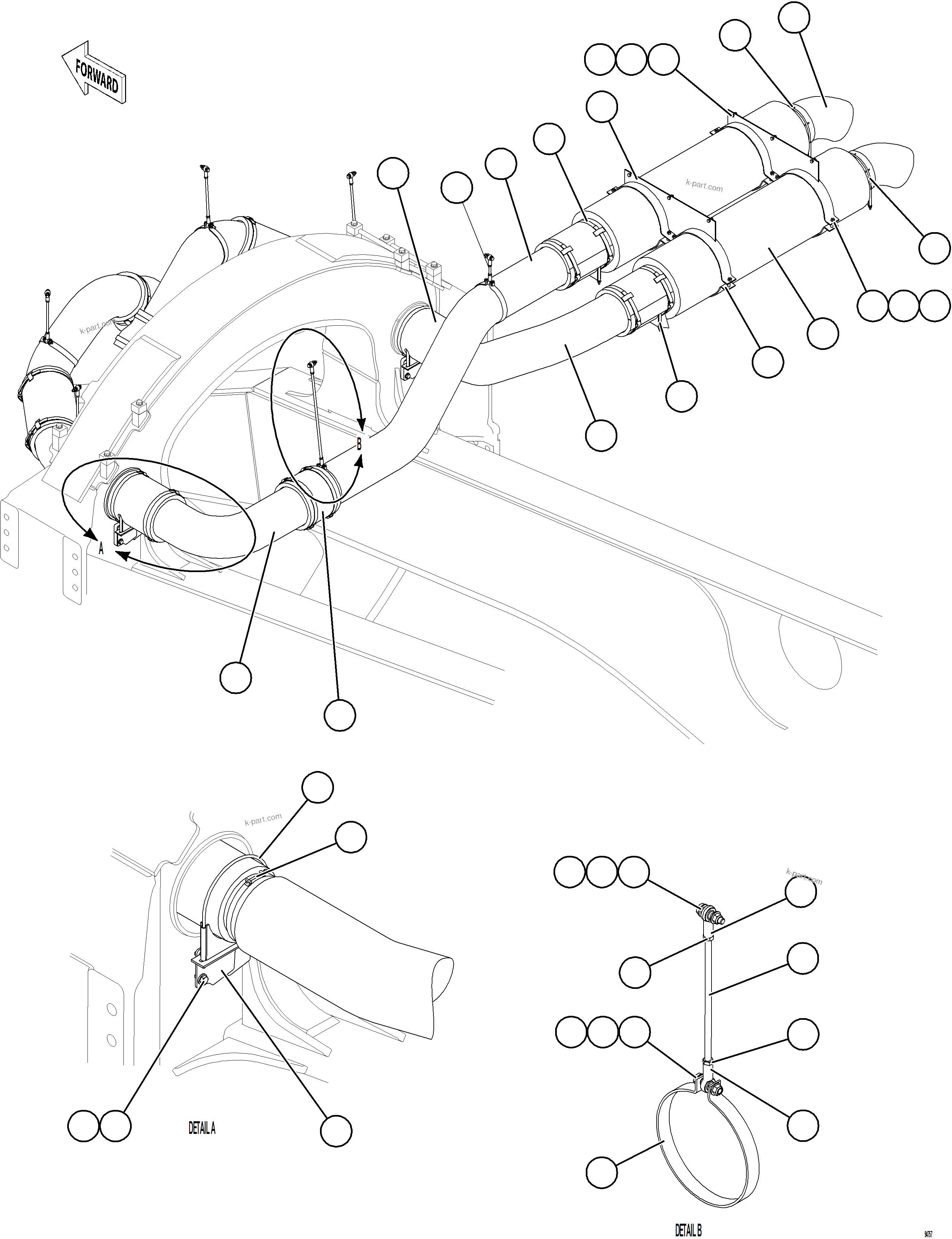 Komatsu parts book diagram for AFE77-CX 830E-5 S/N A50347 - A50348,A50355,A50362,A50368,A50370 - A50371  KBI: EXHAUST PIPING - REAR