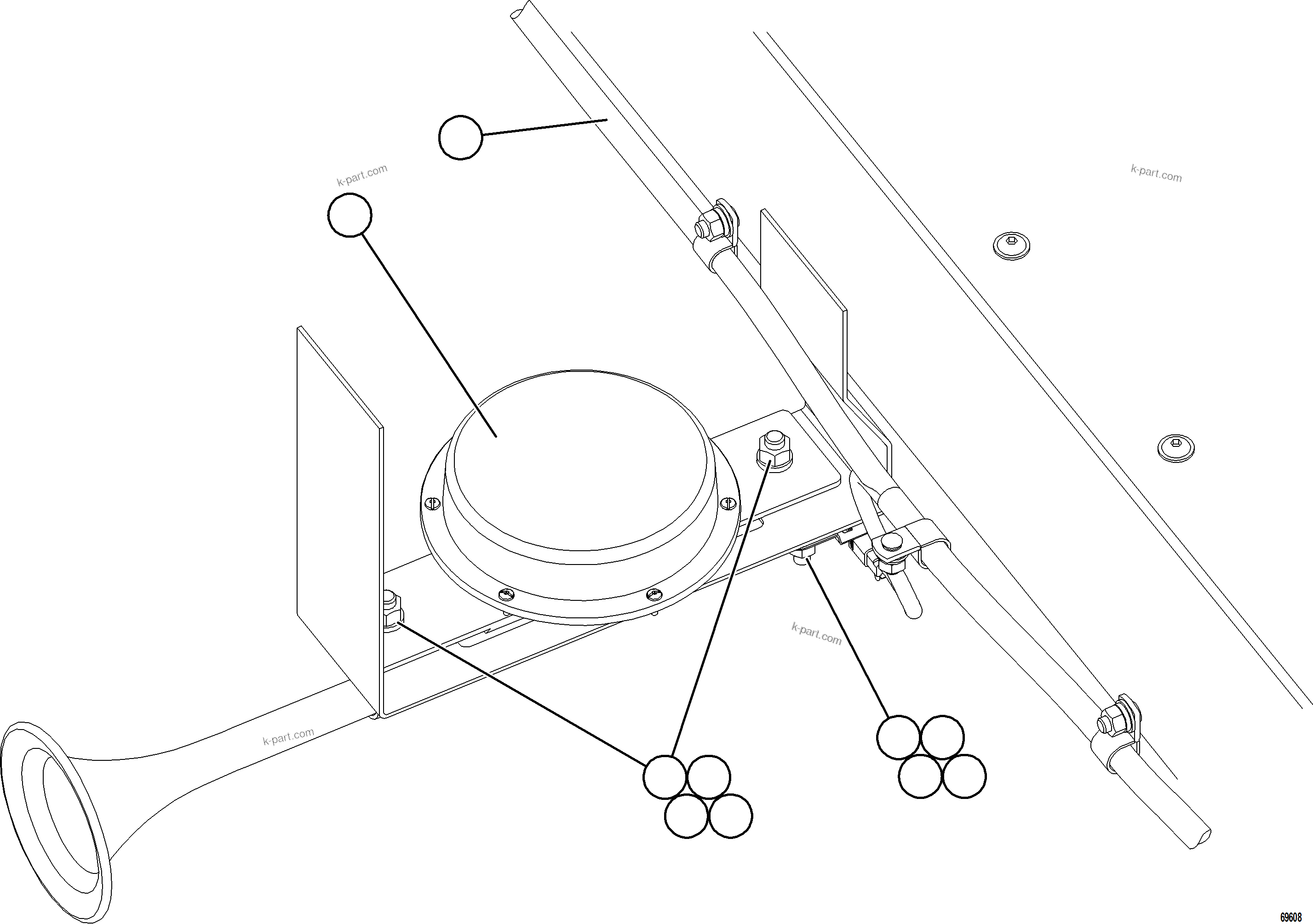 Komatsu parts book diagram for AFE77-CX 830E-5 S/N A50347 - A50348,A50355,A50362,A50368,A50370 - A50371  KBI: HORN INSTALLATION