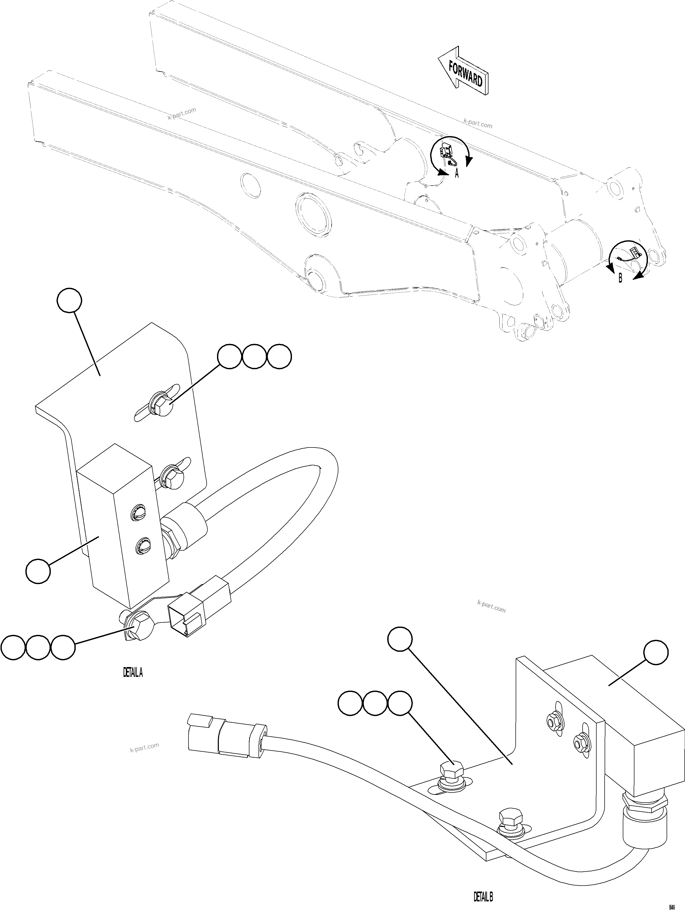 Komatsu parts book diagram for AFE77-CX 830E-5 S/N A50347 - A50348,A50355,A50362,A50368,A50370 - A50371  KBI: BODY UP & HOIST LIMIT SWITCH INSTALLATION    1/2