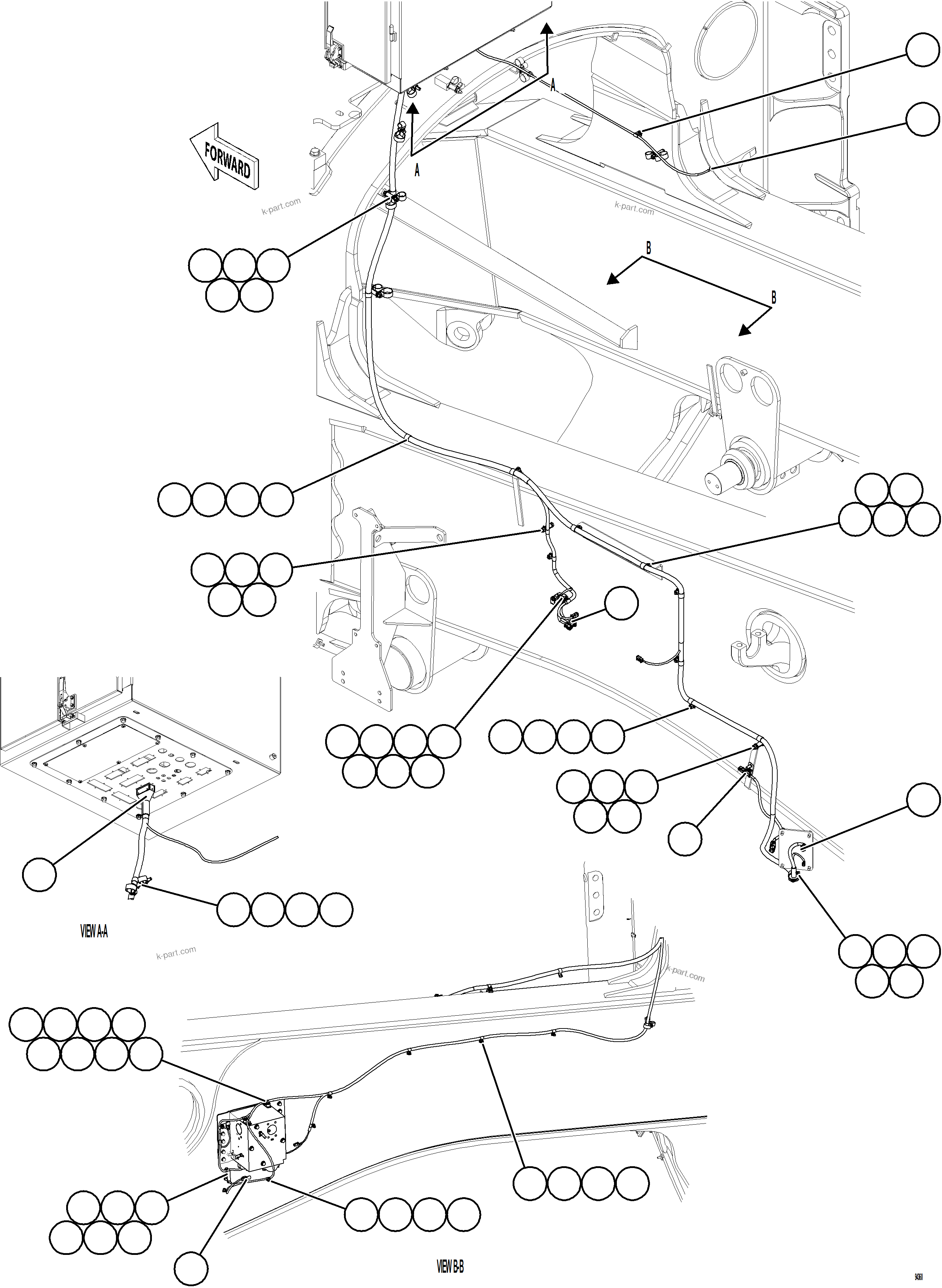 Komatsu parts book diagram for AFE77-CX 830E-5 S/N A50347 - A50348,A50355,A50362,A50368,A50370 - A50371  KBI: LEFT REAR FRAME RAIL HARNESS    1/2