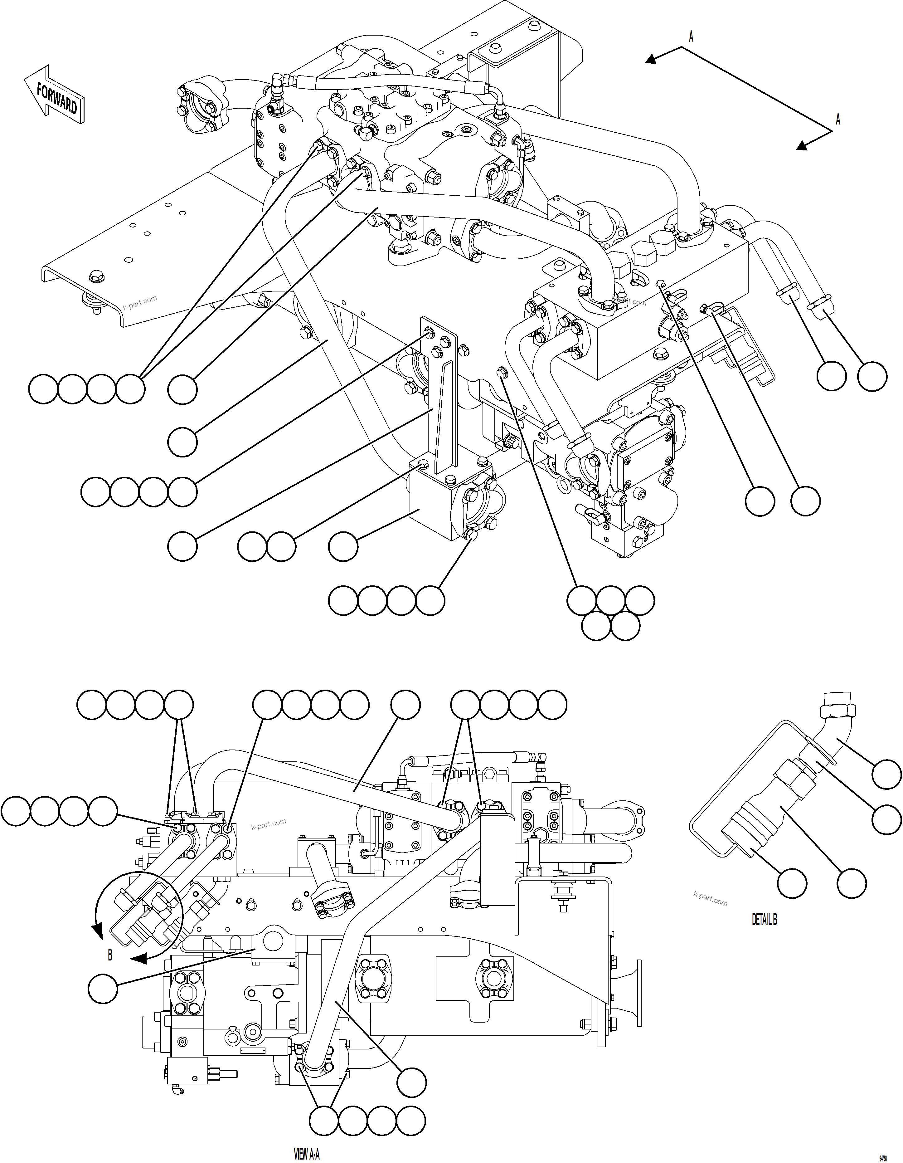 Komatsu parts book diagram for AFE77-CX 830E-5 S/N A50347 - A50348,A50355,A50362,A50368,A50370 - A50371  KBI: VALVE/PUMP MODULE PIPING    1/3