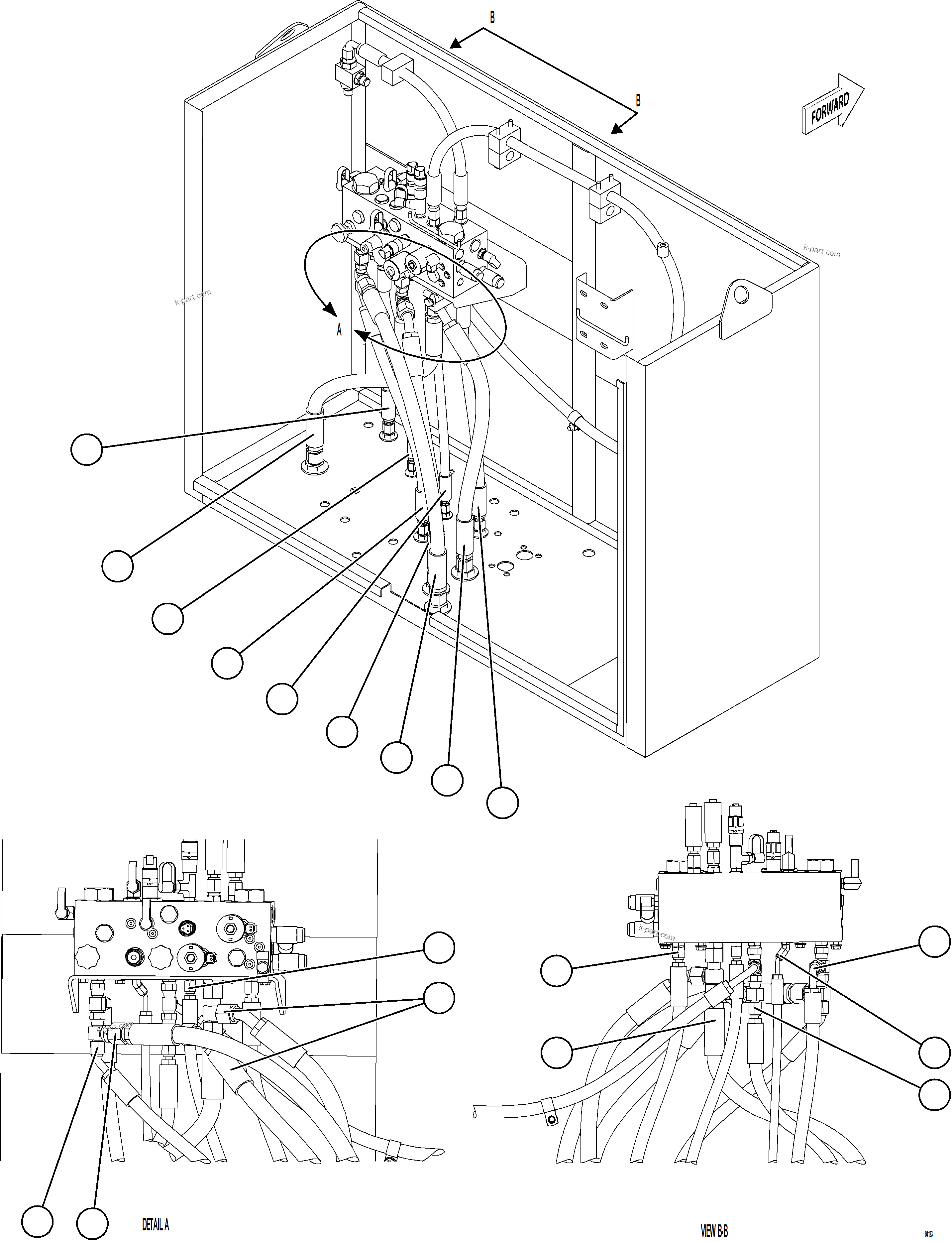 Komatsu parts book diagram for AFE77-CX 830E-5 S/N A50347 - A50348,A50355,A50362,A50368,A50370 - A50371  KBI: HYDR BRAKE CBNT PIPING - BRAKE MANIFOLD    1/2