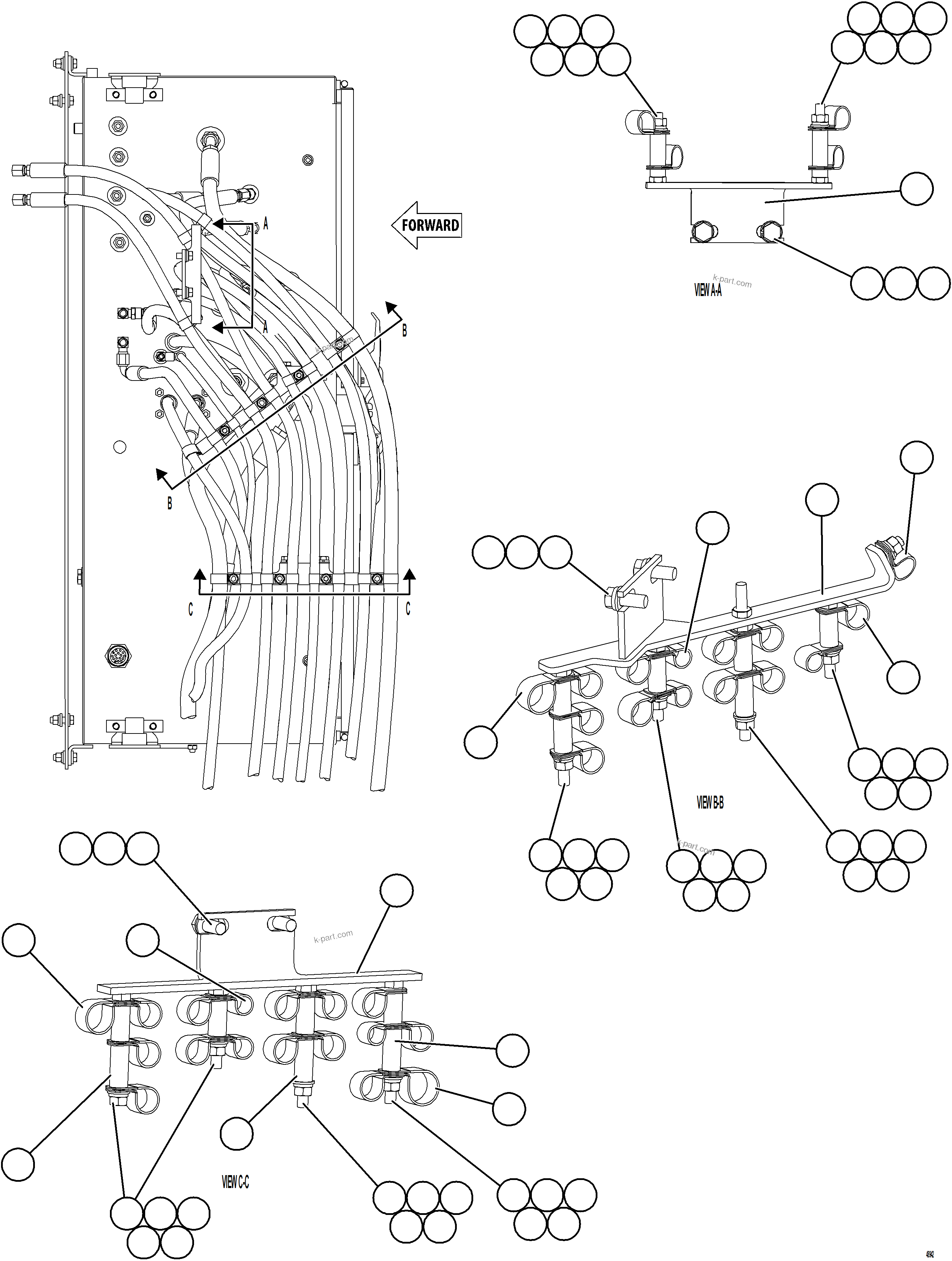 Komatsu parts book diagram for AFE77-CX 830E-5 S/N A50347 - A50348,A50355,A50362,A50368,A50370 - A50371  KBI: HYDRAULIC BRAKE CABINET HOSE CLAMPING    1/4