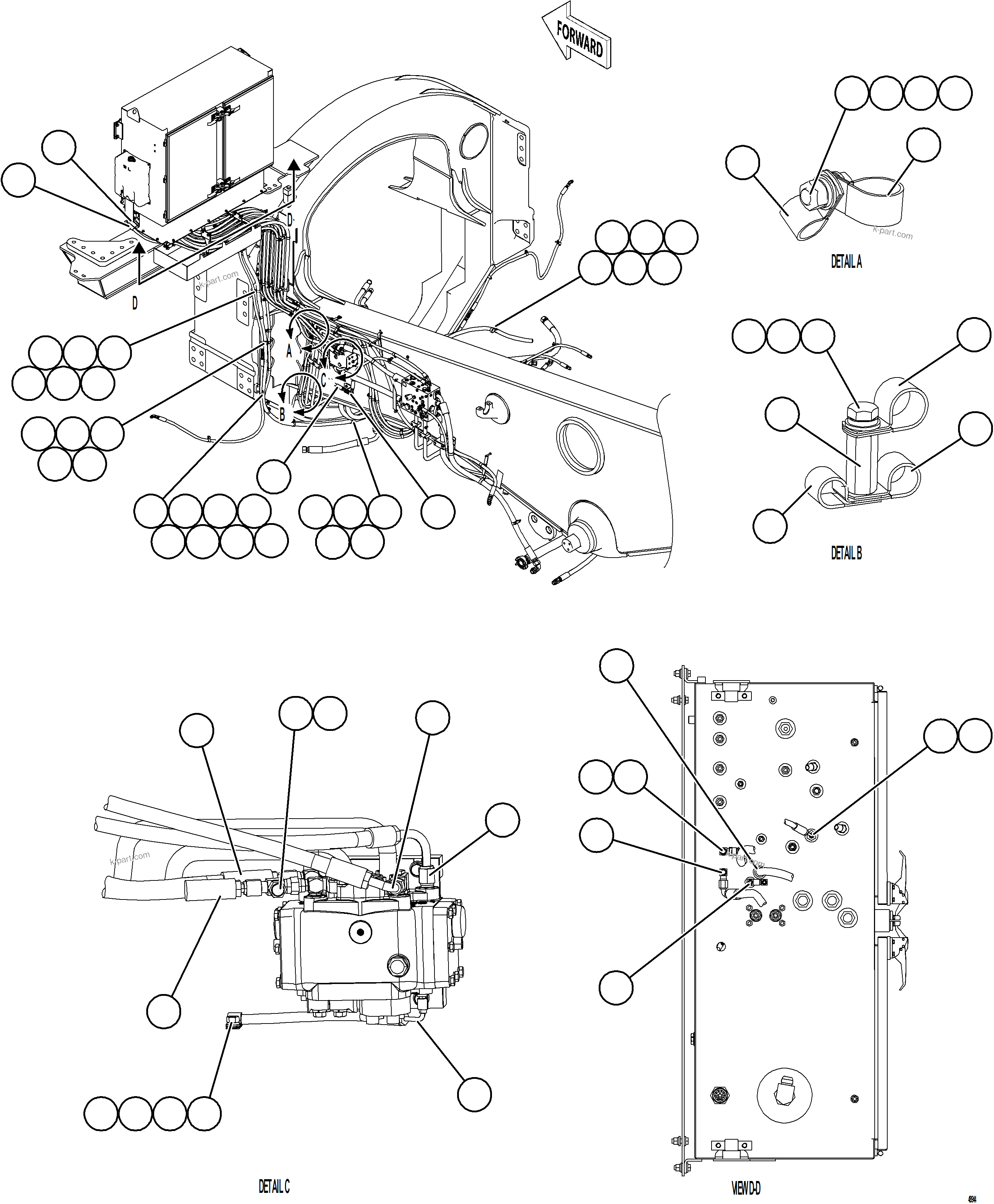 Komatsu parts book diagram for AFE77-CX 830E-5 S/N A50347 - A50348,A50355,A50362,A50368,A50370 - A50371  KBI: HYDRAULIC BRAKE CABINET HOSE CLAMPING    3/4