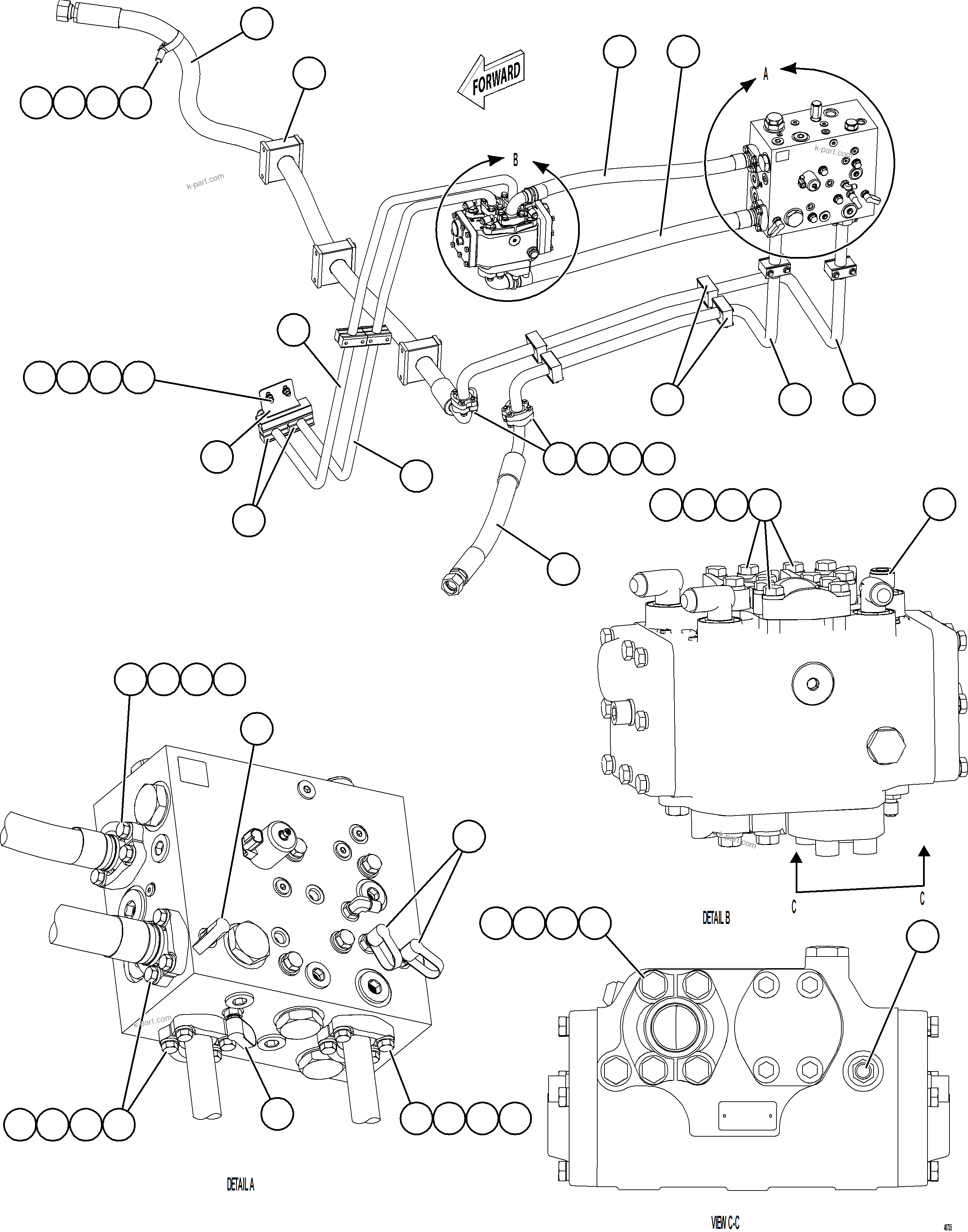 Komatsu parts book diagram for AFE77-CX 830E-5 S/N A50347 - A50348,A50355,A50362,A50368,A50370 - A50371  KBI: STEERING BLEEDDOWN MANIFOLD PIPING    2/3