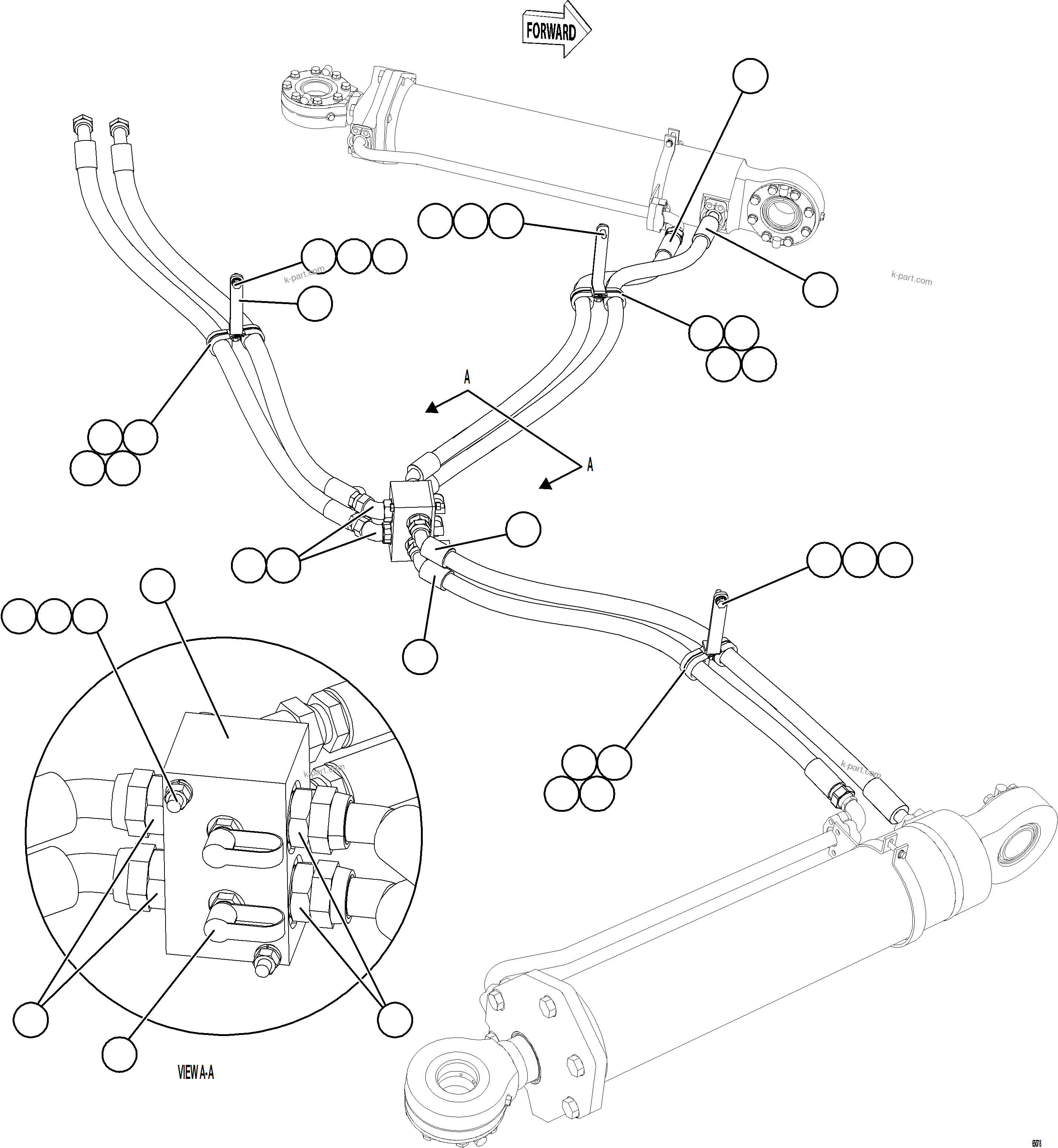 Komatsu parts book diagram for AFE77-CX 830E-5 S/N A50347 - A50348,A50355,A50362,A50368,A50370 - A50371  KBI: STEERING CYLINDER PIPING