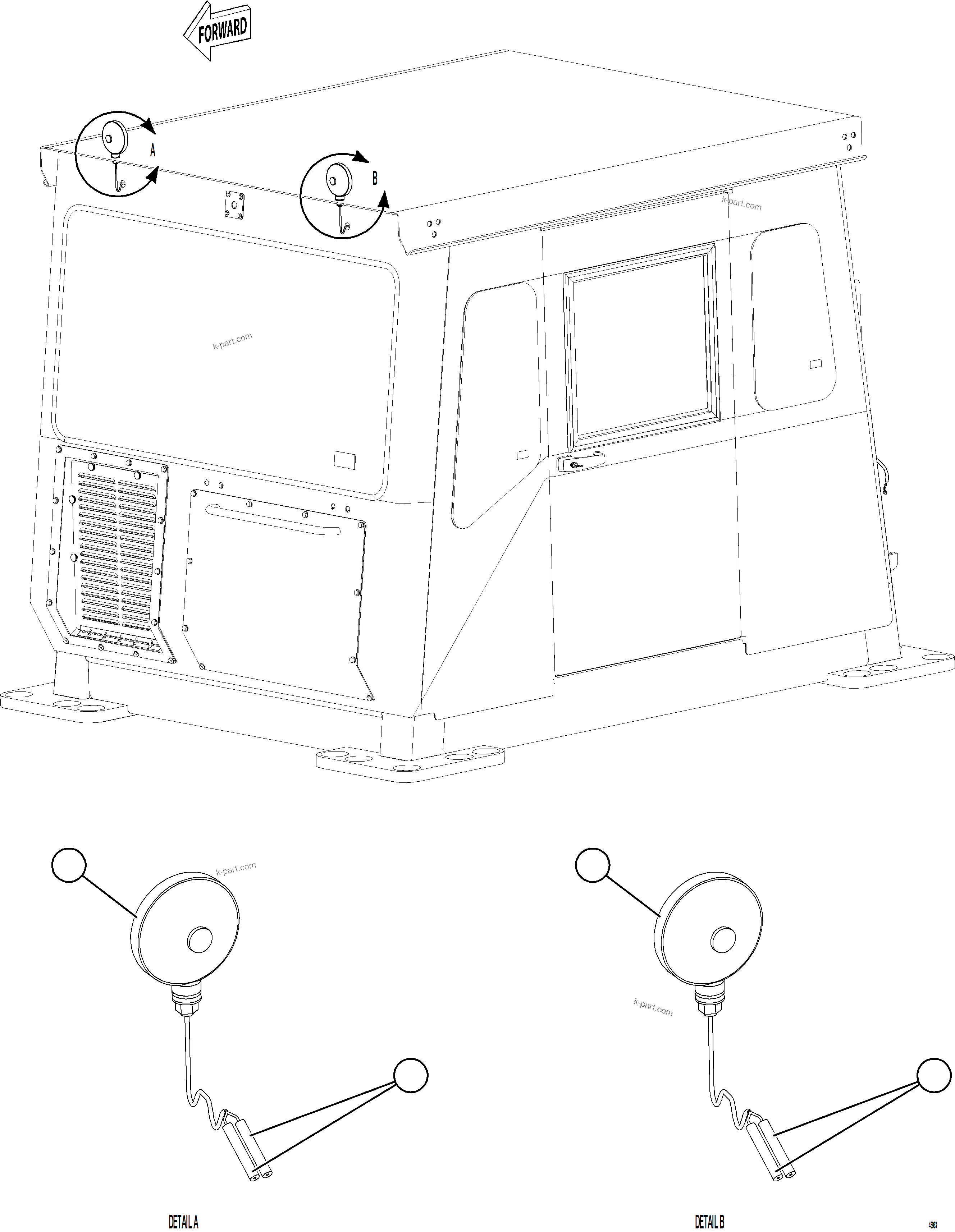 Komatsu parts book diagram for AFE77-CX 830E-5 S/N A50347 - A50348,A50355,A50362,A50368,A50370 - A50371  KBI: CAB RETARD/BRAKE LIGHTS