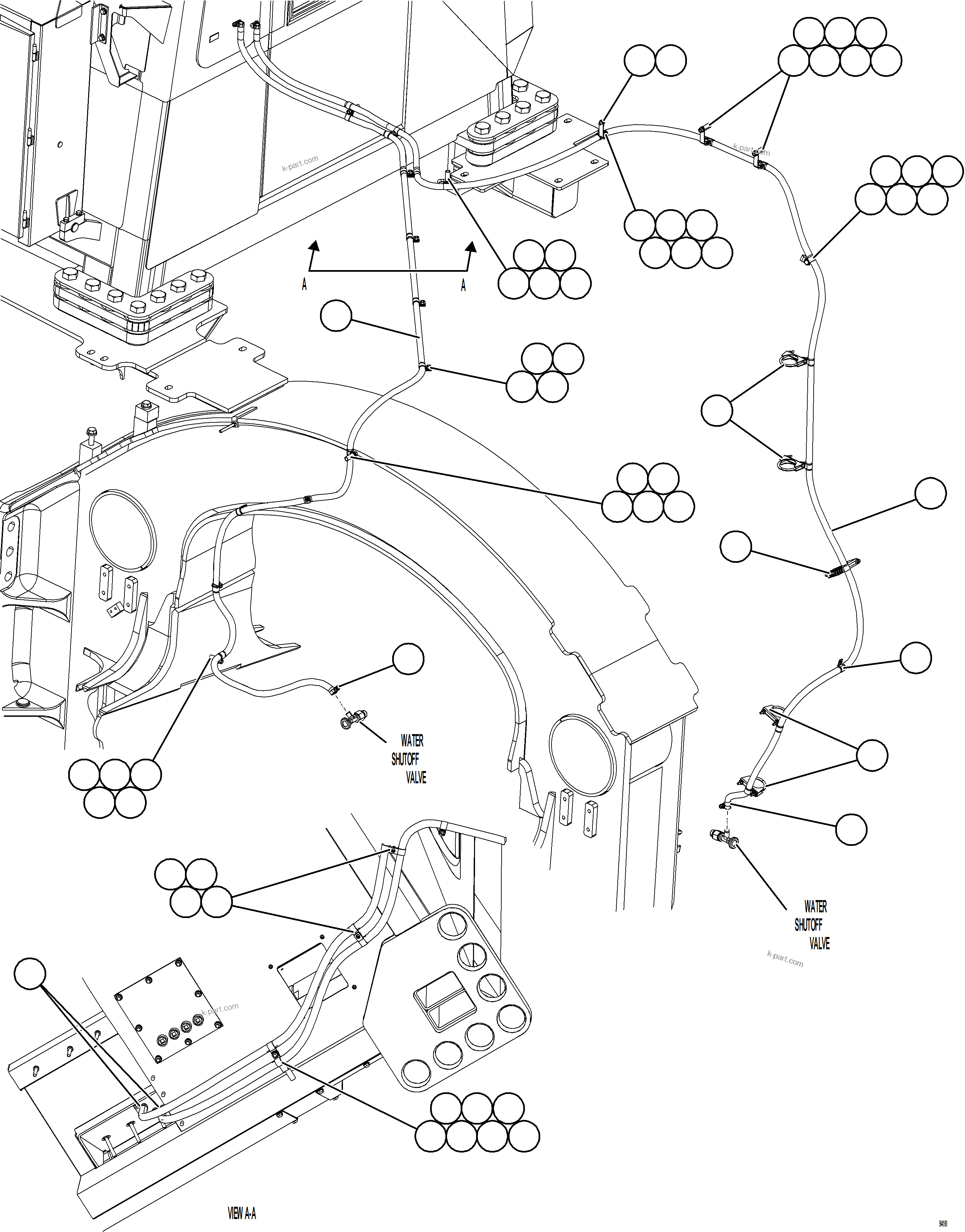 Komatsu parts book diagram for AFE77-CX 830E-5 S/N A50347 - A50348,A50355,A50362,A50368,A50370 - A50371  KBI: HEATER HOSE INSTALLATION    1/2