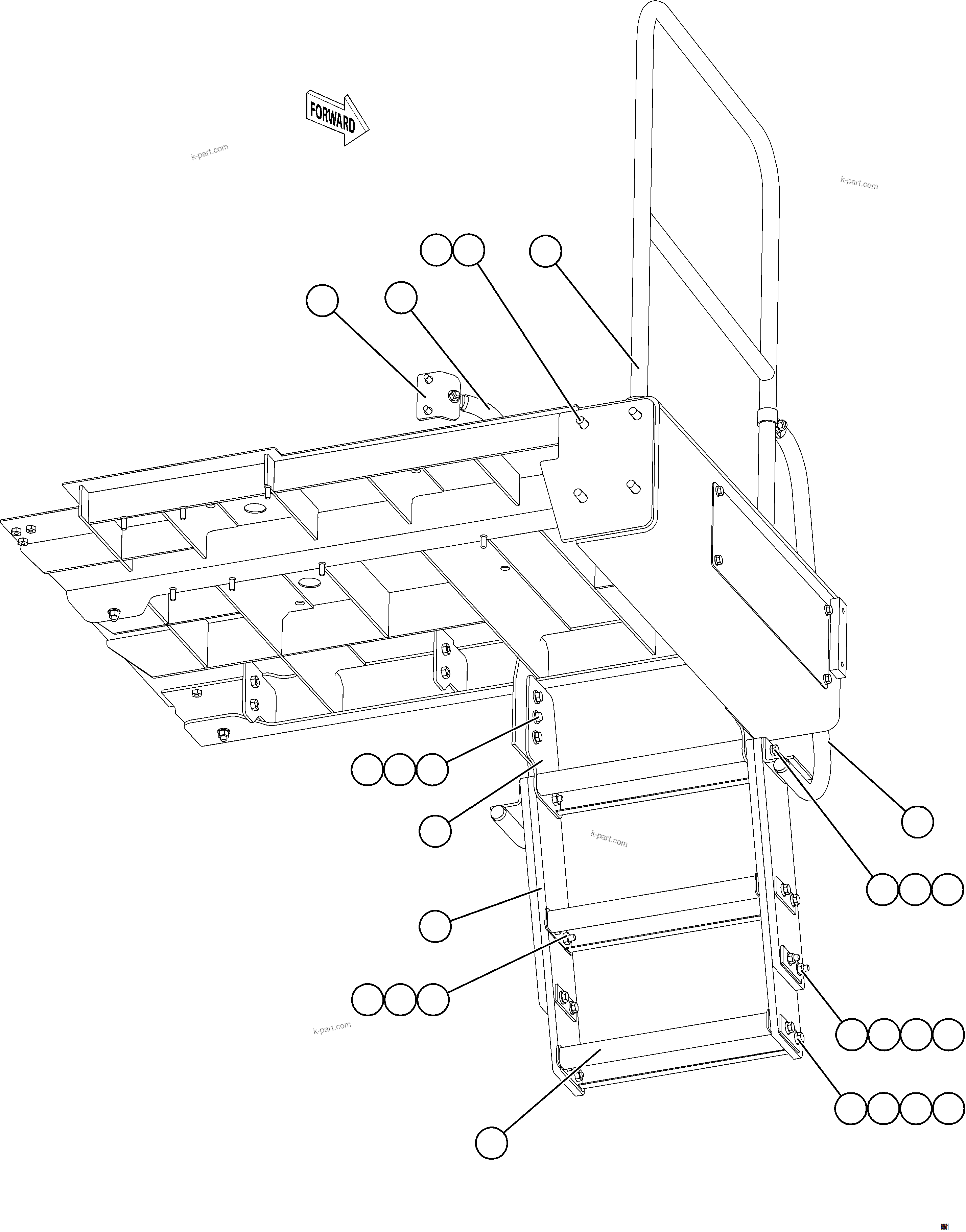Komatsu parts book diagram for AFE77-CX 830E-5 S/N A50347 - A50348,A50355,A50362,A50368,A50370 - A50371  KBI: LH LOWER PLATFORM STEPS & HANDRAILS