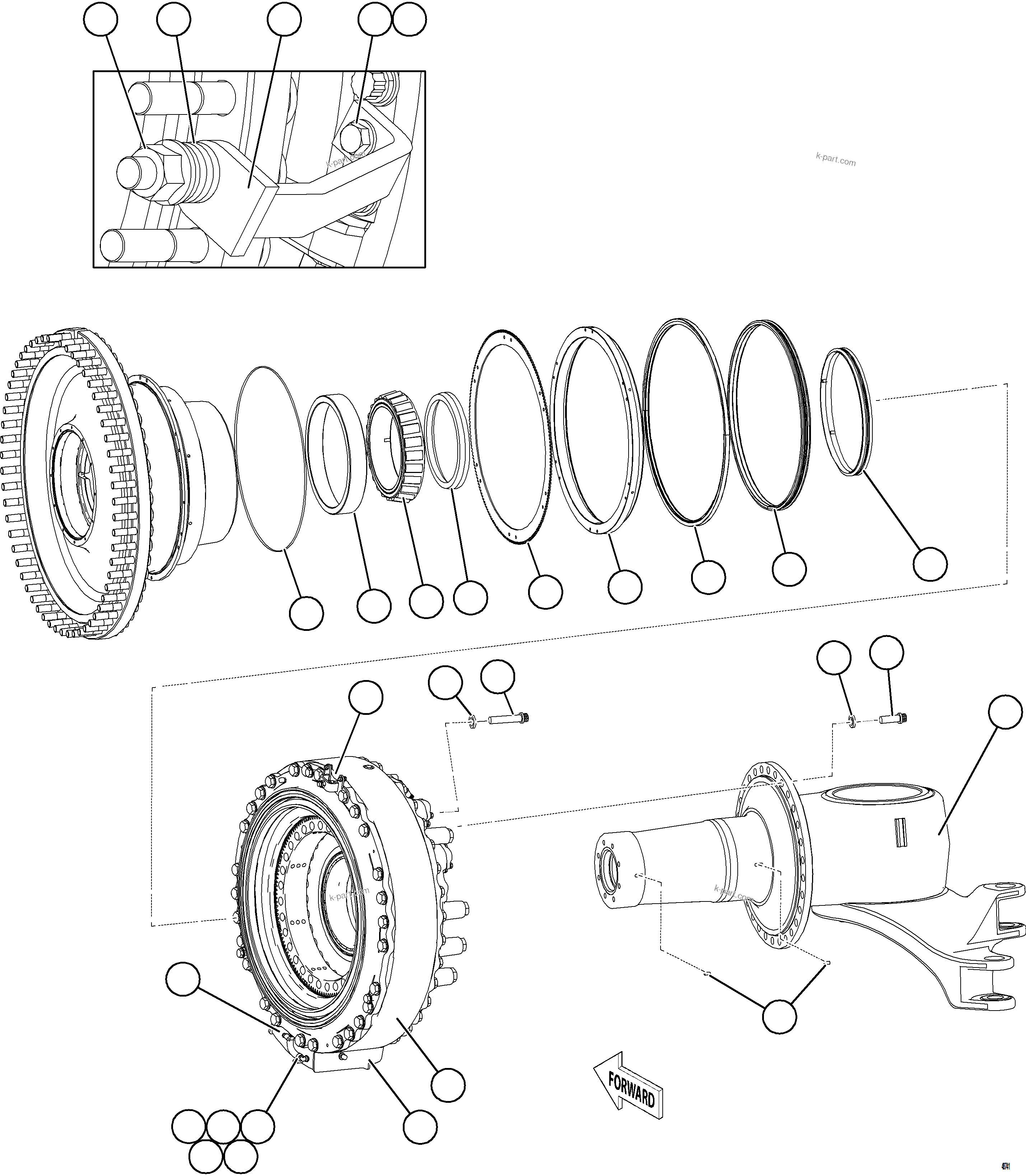 Komatsu parts book diagram for AFE77-CX 830E-5 S/N A50347 - A50348,A50355,A50362,A50368,A50370 - A50371  KBI: SPINDLE, HUB AND BRAKE ASSEMBLY    2/2