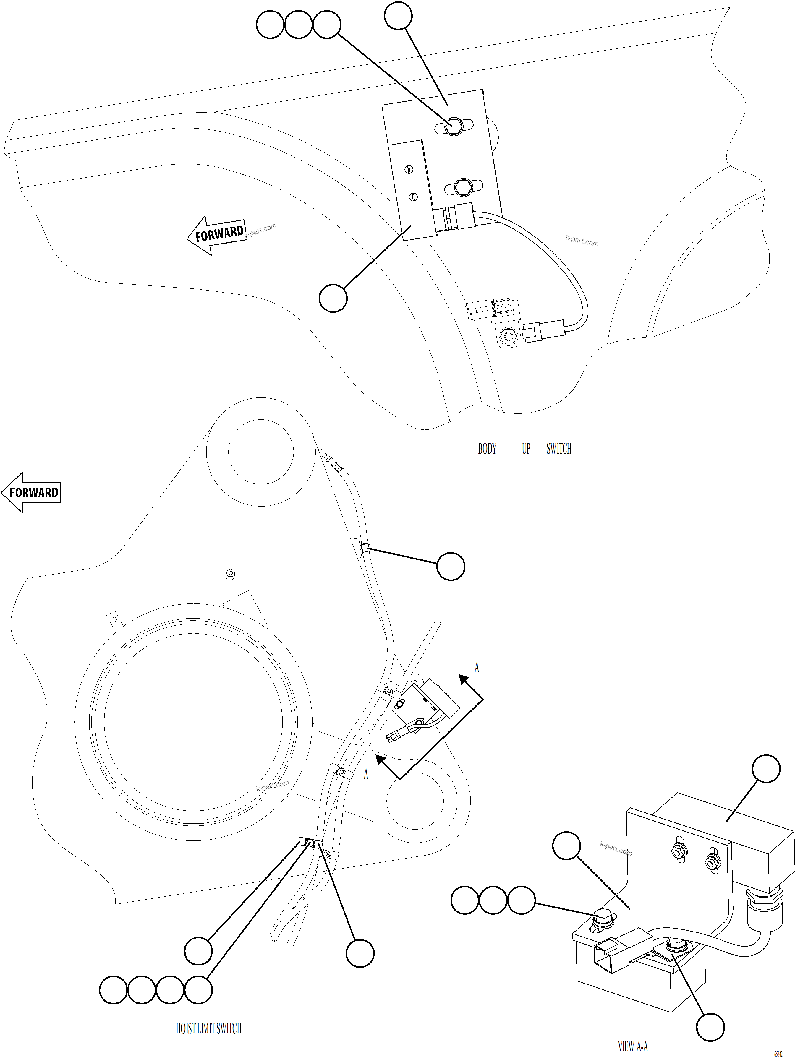 Komatsu parts book diagram for AFE78-BD 930E-5 S/N A40180  THEISS: BODY UP & HOIST LIMIT SWITCH INSTALLATION