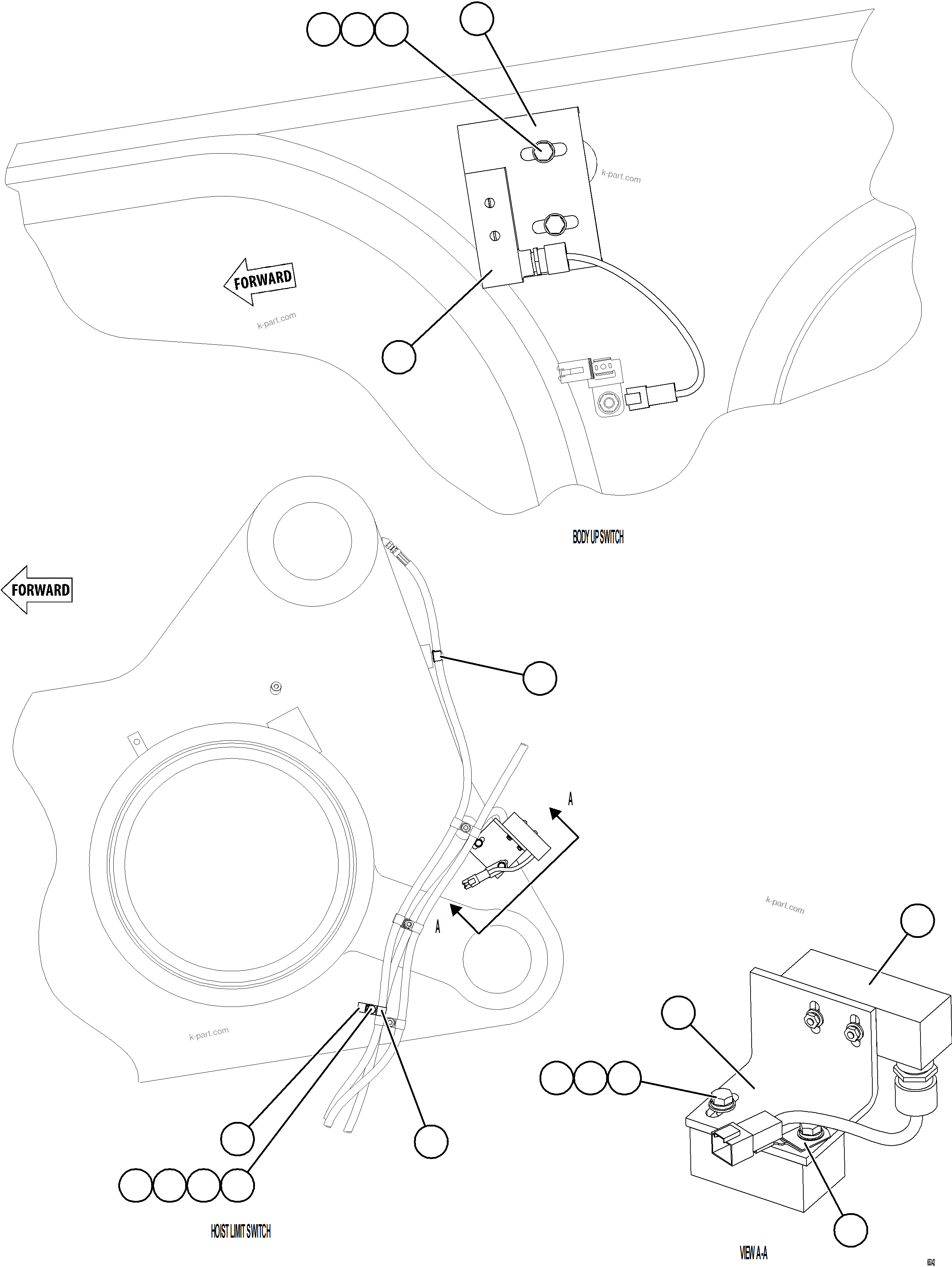 Komatsu parts book diagram for AFE78-BH 930E-5 S/N A40200  LOS PELAMBRES: BODY UP & HOIST LIMIT SWITCH INSTALLATION